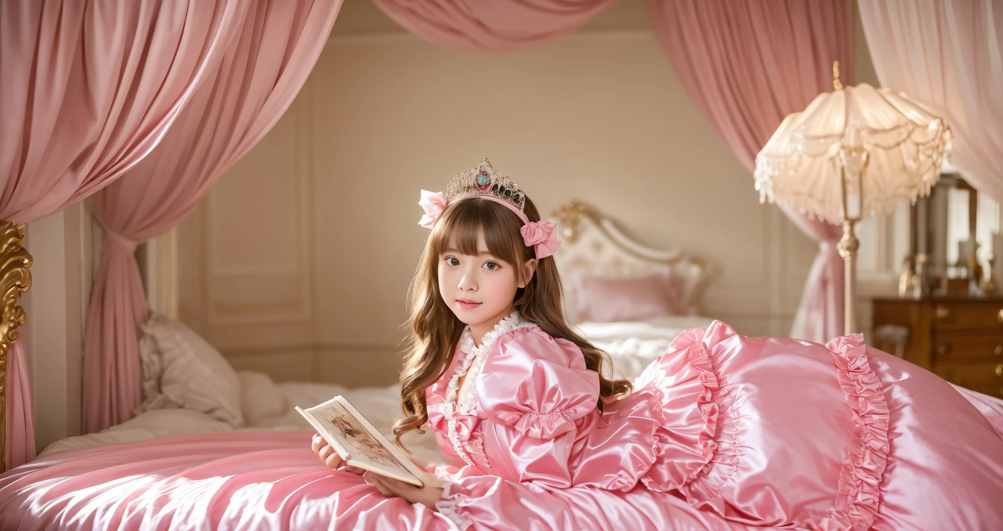 ,highest quality, masterpiece, highest resolution, artwork, super それにget used to it, many get used to it, get used to it, それにget used to it, 3K realistic photos,,(( When I was )),Super detailed baby face,She is a princess,Full length ball gown dress with hoop skirt,ruffle yoke collar,puff sleeves,long sleeve,((lolita style pink princess satin dress、Comes with lots of frills and ribbons。)),colorful rococo fashion,shiny satin dress,Soft and smooth fabric,luxury,long blonde hair,blue eyes,white skin european,pajamas,((inside the palace)),,,(( When I was 10 years old)),Sd baby face,Full length ball gown dress with hoop skirt,long skirt,ruffle yoke collar,puff sleeves,腰まで伸びるlong blonde hair,blue eyes,white skin european,pajamas,((inside the palace bedroom)),ピンクのシルクサテンのluxuryなcanopy bedの上,canopy bed,luxurious curtains under the canopy,many frilly pillows on the bed,super detailed background,detailed bed,romantic atmosphere,little princess is lying on the bed,read picture books,the dress is spread across the bed,soft pink silk satin comforter,
