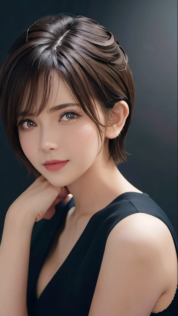 (logo, masterpiece, 8K, Tabletop, RAW Photos, wonderful, 最high quality, Photorealistic and very detailed CG composite 8k wallpaper, high quality, Very detailed, Narrative poem, Particle Effects, Dynamic Effects, Depth of the Boundary, Cinematic Light, Lens flare, Ray Tracing), short hair beautiful young woman, Hair tied back, high detail skin, very fine, fine skin texture, beautiful face, realistic eyes, beautifully detailed eyes, realistic skin, beautiful skin, surreal, smiling eyes, Hair and light eyes, Vibrant, Colorful lights and bokeh. The lighting casts a warm glow on her face and hair, Blue glow, Water surface reflection, Creates a dreamy and magical atmosphere, Big Breasts, Brown Hair, short hair, plump lower lip, pink blush on the cheeks , pink lips, brown tight no-shoulder knit sweater