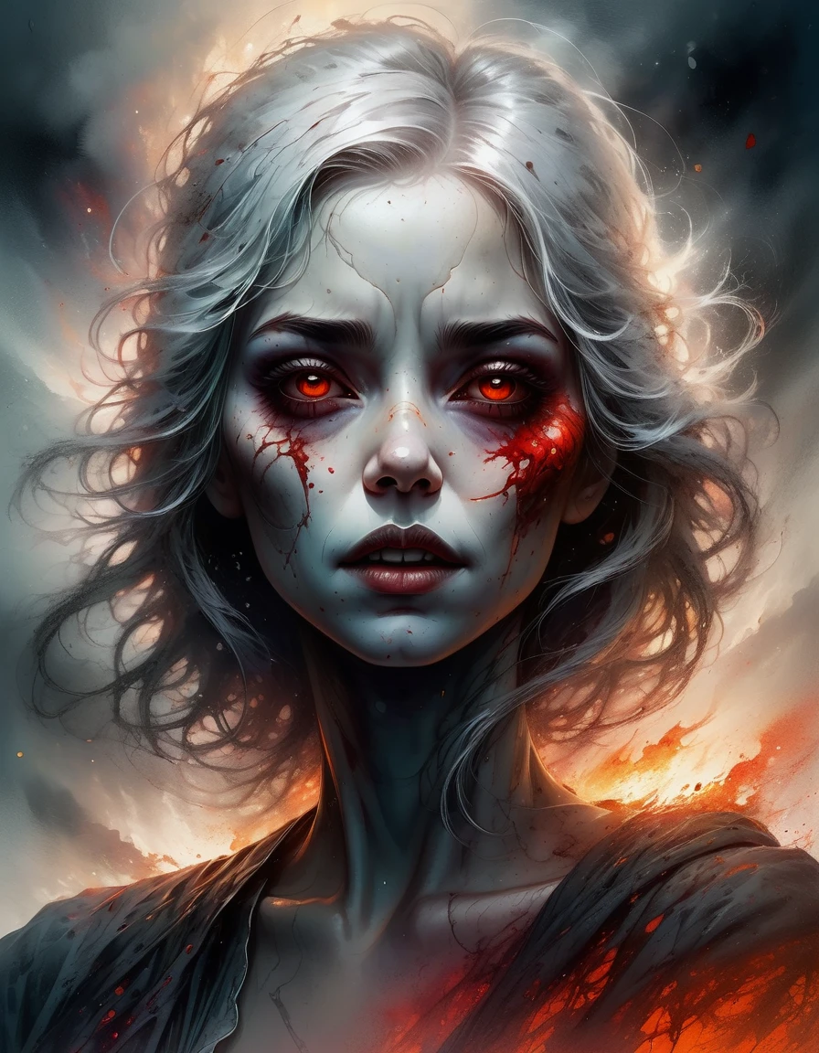 White-haired ghostly woman, rags clad, floats above floor, hair merges with fog, blood-tinted lips, eyes ablaze, terrifying tension, mix of sexuality and fear, deep foggy gray background, 32k resolution, hyperdetailed, sharp focus, studio shot quality, ultra HD, realistic textures, vivid colors, highly detailed, pen and ink textures, perfect composition, beautiful, intricate, on par with octane render trending on artstation, 8k artistic photography, photorealistic concept art, soft natural volumetric cinematic perfect light.