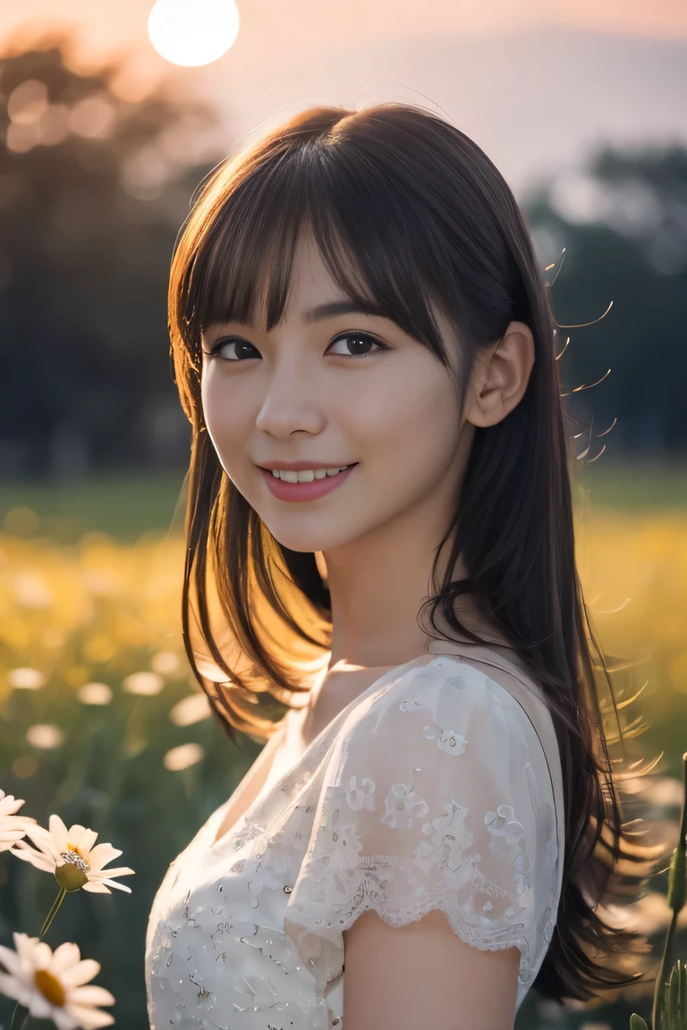 ((table top:1.4, highest quality)), (realistic pictures:1.4), ((1 girl)), (Pure actress), (dream-like), (High resolution:1.2), very delicate and beautiful, wonderful, Highly detailed CG Unity 8K wallpaper, Super detailed, High resolution, soft light, beautiful detailed girl, highly detailed eyes and face, beautifully detailed nose, beautiful and detailed eyes, (wear a light white dress:1.3), cinematic lighting, perfect anatomy, slender body, (parted bangs), (A girl standing in a meadow at night:1.3), (night view:1.3), (A field of flowers), (A huge number of flowers), (outdoor), (flower light up part of), (contrast of light and dark), (fantastic beauty), cowboy shot, looking at the viewer, cute smile,