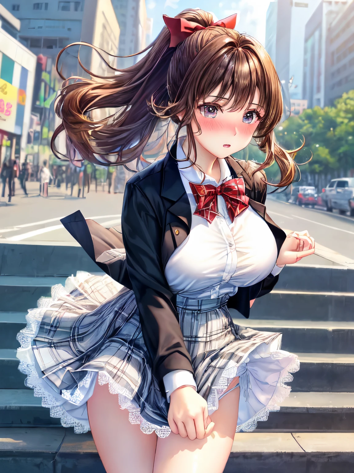 ((highest quality, High resolution, perfect pixel, 4k))), 1 woman, beautiful woman、I could see the whole body、walking down the subway stairs、lots of commuters、 ((ponytail, bangs, brown hair)), ((brown eyes, beautiful eyelashes, realistic eyes)), ((detailed face, blush:1.2))、((Anime CG style)), beautiful and big breasts、perfect body, ((red bow tie, Black open jacket, white shirt, plaid mini skirt)), embarrassed expression、 (The wind is blowing up my skirt:1.3)、(white lace satin panties:1.3), Diagonal side angle, dynamic angle、Naughty Wind、(erect nipples:0.98)
