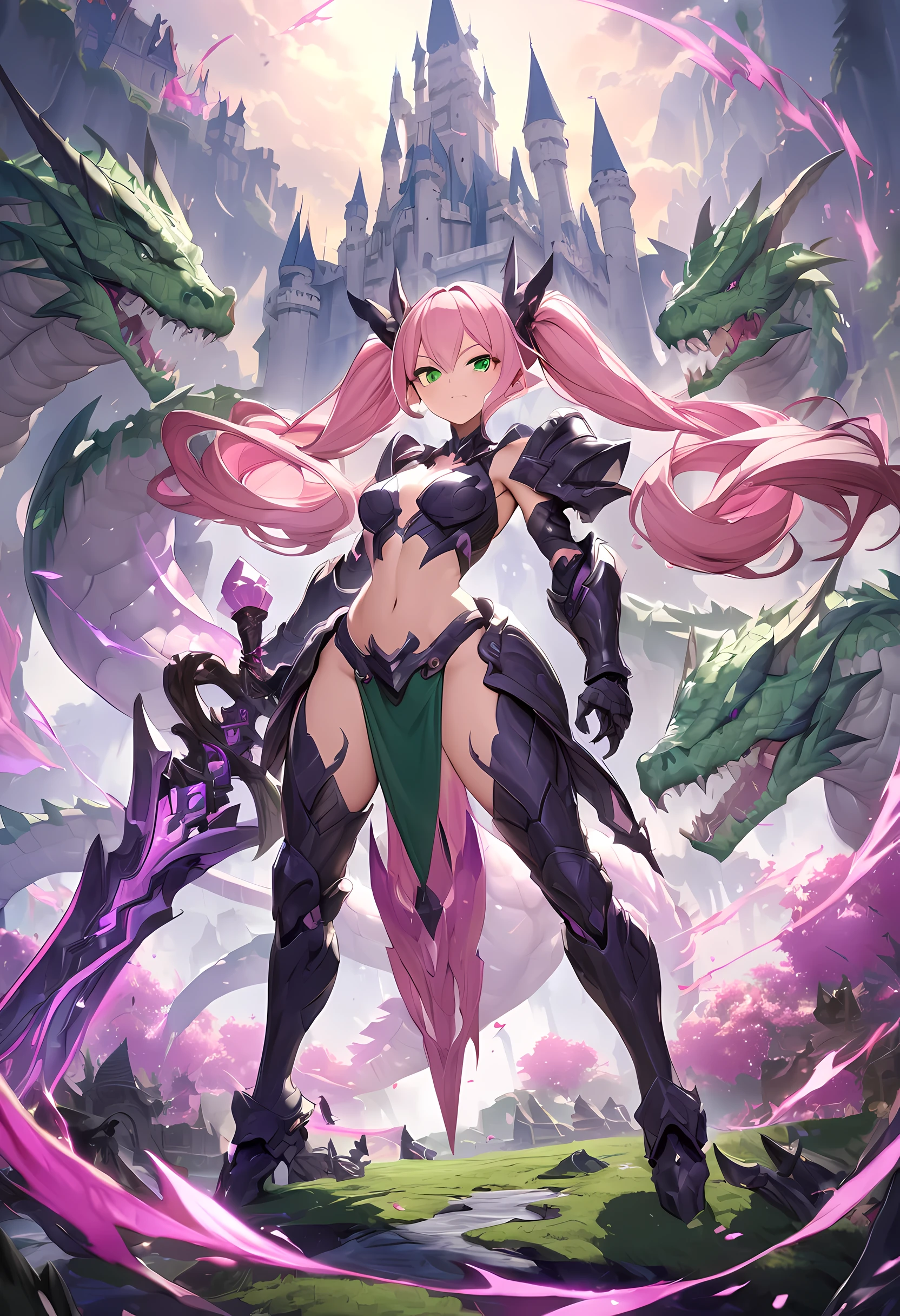 1girl, solo, anime-styled, stunning warrior girl, with porcelain skin, captivating green eyes, ((detailed face)), long flowing pink twintails, toned body, ((slender but curvy)), in formfitting armor, detailed hand holding an ornate sword), ((fantasy landscape with castle behind her)), battling dragon creature made of energy, ((pink crypto tokens swirling around)), determined and cute expression, 16k, fantasy, high resolution, octane rendering