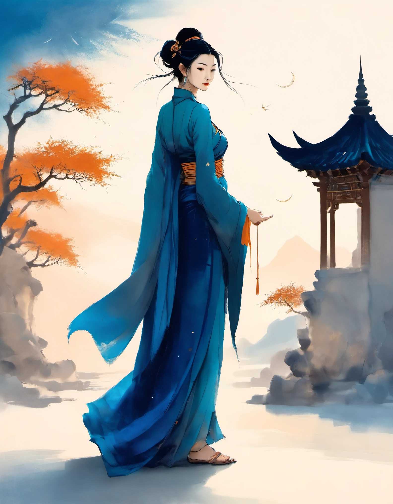 dunhuang art style illustration,blue tones,a tiny mysterious figure with traditional skirt standing onthe long ancient scroll with Buddhist scriptures,zen,the stars are brilliant,dazzling,light and shadow,gradient blue color,blue and orange,super grand scenes,with fluid movements,extremely delicate brushstrokes,soft and smooth,clean background,historical paintings,3d rendering