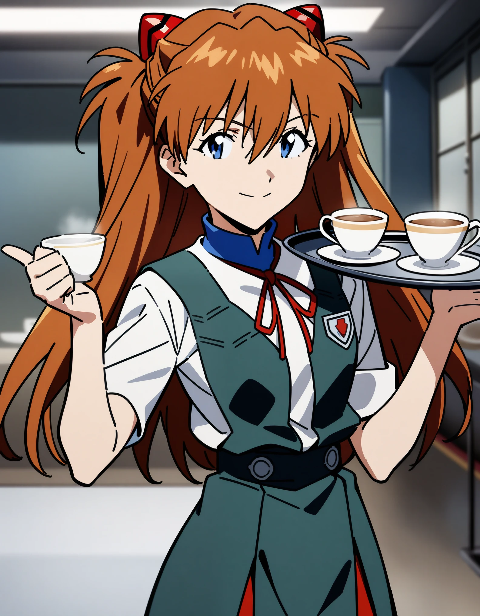 1girl, Soryu Asuka Langley, Neon Genesis EVANGELION, New Movie Version Evangelion, looking at the viewer, uniform, bend at the waist, The right hand is a teacup, The left hand is a tray, smile, To give to the viewers, indoor, masterpiece, highest quality, very beautiful, disorganized