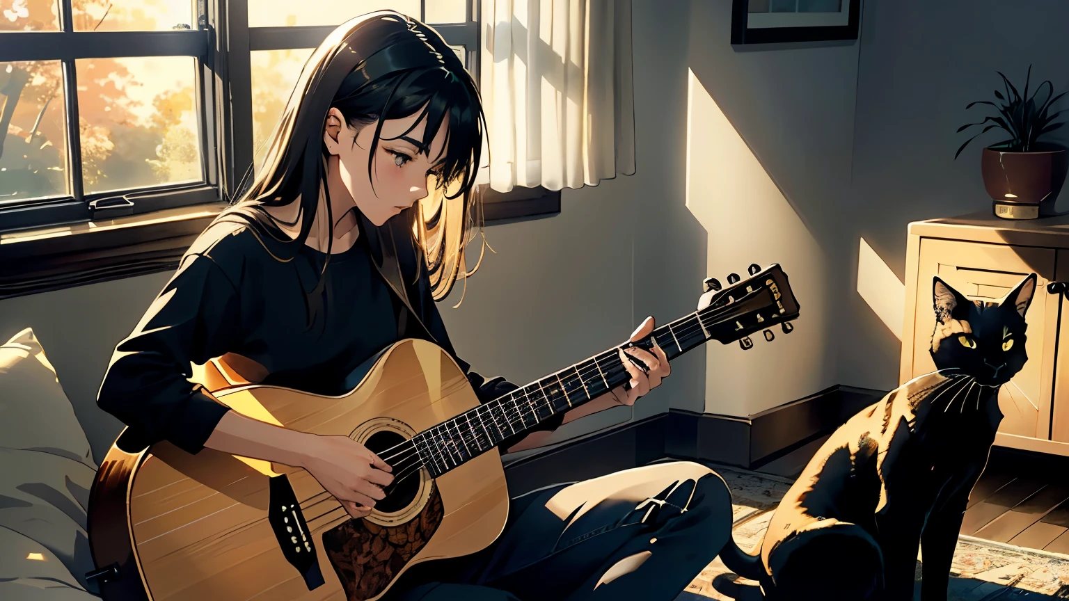 The room was bathed in a soft, golden glow as the evening sun dipped below the horizon. The gentle strumming of a guitar filled the air, its melody echoing the quiet musings of the musician.
Seated cross-legged on a plush rug, the guitarist leaned against the ornate wooden window sill. Their chiseled jawline and strong, defined features were illuminated by the warm, golden light filtering in through the window. A veil of privacy drawn over their features, their eyes sparkled with a quiet intensity, lost in the rhythm of their own creation.
Beside them, a sleek black cat sat, its amber eyes fixed on the
