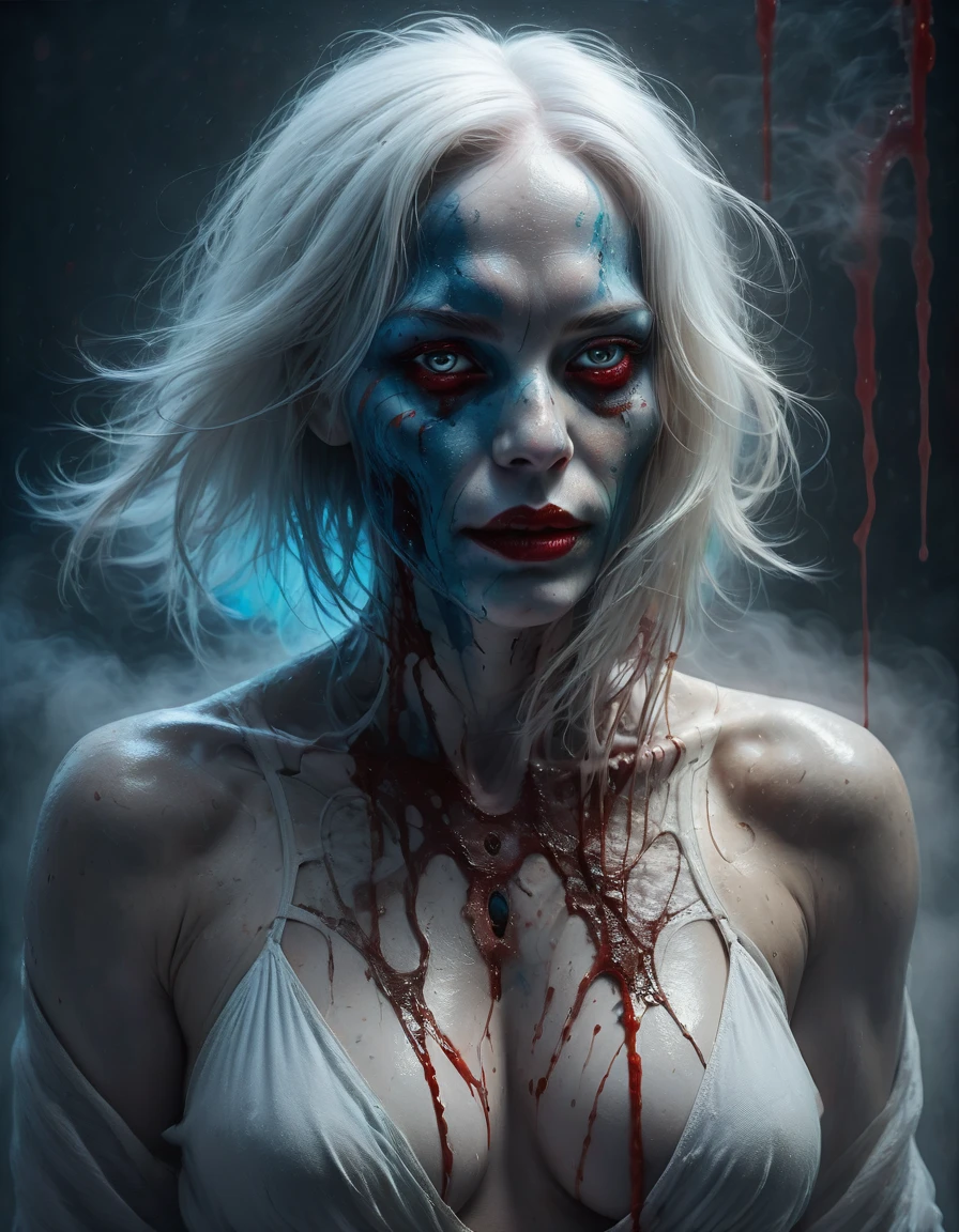 Digital art in the style of Mike Davis and Eric Wallis. A white-haired ghostly woman in rags floats above the floor, long straight hair merges with the fog behind her, blood on her lips, Red eyes, Claws flicker with blue . Double exposure. The tense pose is terrifying. Sexuality and fright. background is a rich foggy deep grayness filled with strange frightening creatures. 32k. Hyperdetalization, sharp focus, studio photo, ultra hd, realistic, vivid colors, highly detailed, pen and ink, perfect composition, beautiful detailed intricate insanely detailed octane render trending on artstation, 8k artistic photography, photorealistic concept art, soft natural volumetric cinematic perfect light., haze, ultra-detailed, film photography, light leaks, Larry Bud Melman, trending on artstation, sharp focus, studio photo, intricate details, highly detailed