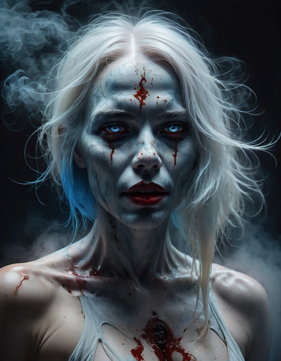 Digital art in the style of Mike Davis and Eric Wallis. A white-haired ghostly woman in rags floats above the floor, long straight hair merges with the fog behind her, blood on her lips, Red eyes, Claws flicker with blue . Double exposure. The tense pose is terrifying. Sexuality and fright. background is a rich foggy deep grayness filled with strange frightening creatures. 32k. Hyperdetalization, sharp focus, studio photo, ultra hd, realistic, vivid colors, highly detailed, pen and ink, perfect composition, beautiful detailed intricate insanely detailed octane render trending on artstation, 8k artistic photography, photorealistic concept art, soft natural volumetric cinematic perfect light., haze, ultra-detailed, film photography, light leaks, Larry Bud Melman, trending on artstation, sharp focus, studio photo, intricate details, highly detailed