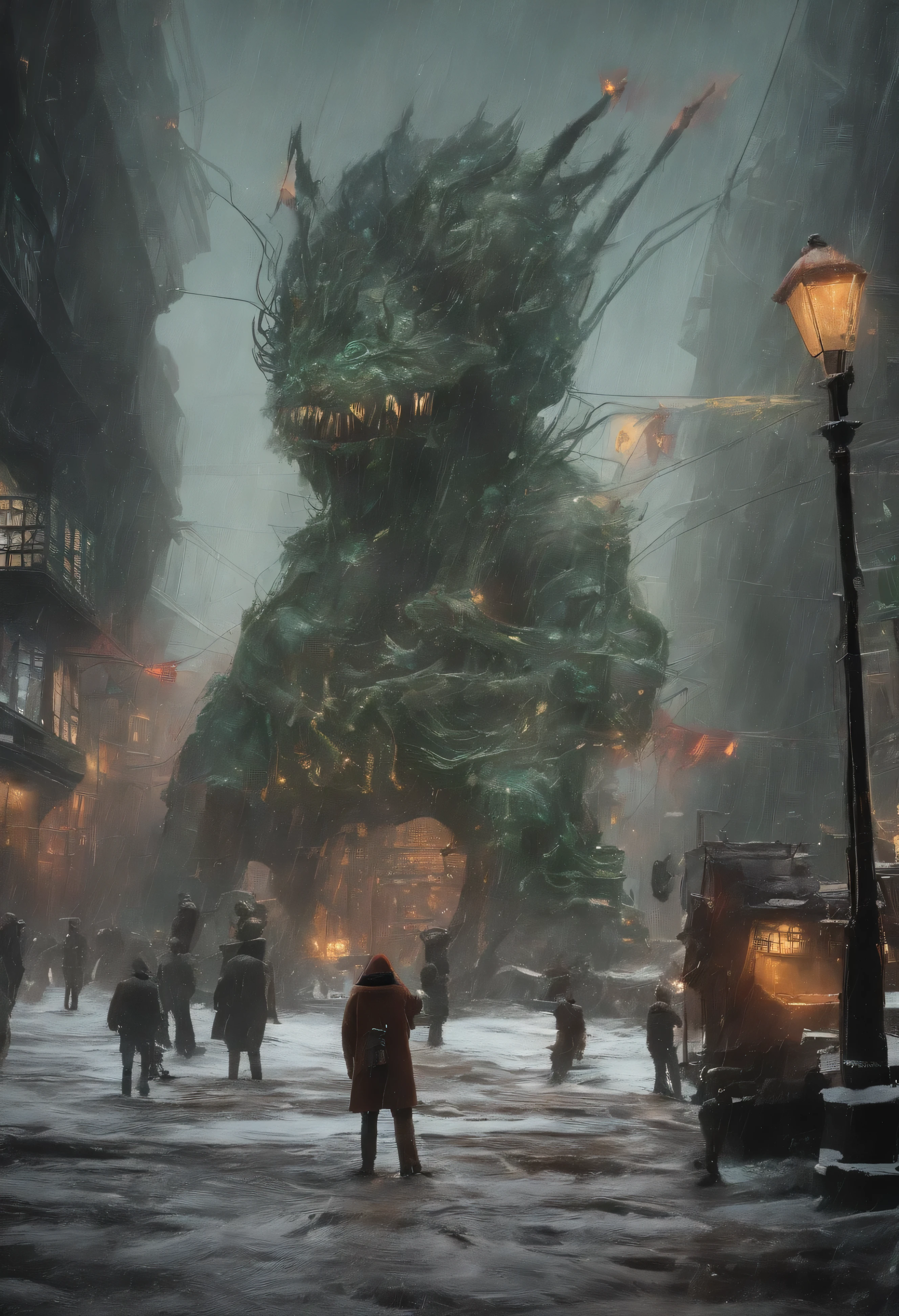 un petit, jeune, a la peau verte, Warmly dressed, (clothing&#39;hiver) gobelin se tient dans la neige. Le gobelin fait office de sentinelle. Les détails des vêtements chauds du gobelin sont visibles, montrant sa nature usée. La peau verte du gobelin est vibrante et riche, soulignant son apparence d&#39;un autre monde. L&#39;stage lighting is dim, avec une lueur subtile projetant des ombres étranges sur le visage et les environs du gobelin. The overall image quality is of the highest level, with ultra-detailed textures and photorealistic rendering. L&#39;work of&#39;art est représentée dans un support qui met en valeur son style et sa texture uniques., que ce soit une illustration, oil painting&#39;huile, Rendu 3D, ou photographie. The color palette is dominated by earthy tones, avec un accent sur différentes nuances de vert pour compléter l&#39;apparence du gobelin.