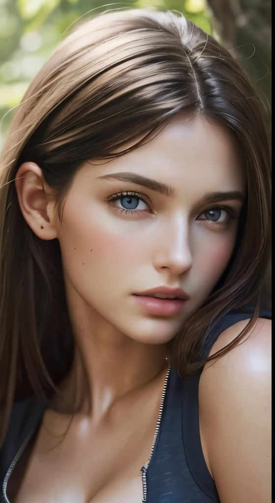(Masterpiece, best quality, photorealistic, highres, photography, :1.3), very close-up shot, sharp focus, 1 brunette girl, European girl, hot model, highly detailed eyes and pupils, realistic skin, slim body shape, cleavage, extremely detailed hair, delicate sexy face, sensual gaze, shiny lips, ((wearing zip tank tops sweatshirt)), outdoor, ((realistic, super realistic, realism, realistic detail))