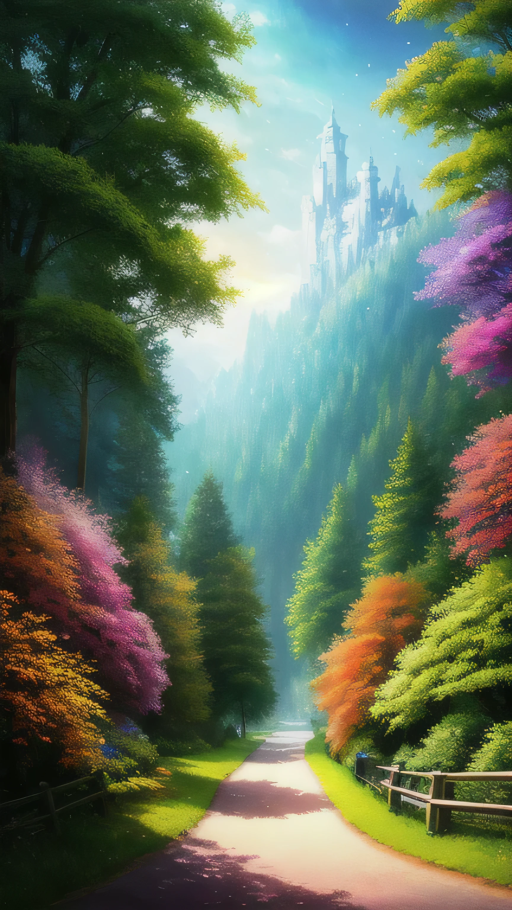 masterpiece, 最high quality, high quality,very detailed CG unity 8k wallpaper ,bright and colorful flowers々、Enchanting and fantasy scene of fantastic forest、Winding Road、 towering tree々and, Glowing Tree々, and the hidden fairy glen, Create a mysterious and enchanting feeling, art station, digital illustration, Complex, trend, pastel colour, oil, award winning photography, Bokeh, Depth of the bounds written, HDR, bloom, chromatic aberration ,realistic,very detailed, trend on art station, trend on CGsociety, Complex, high detail, dramatic, mid-journey art、