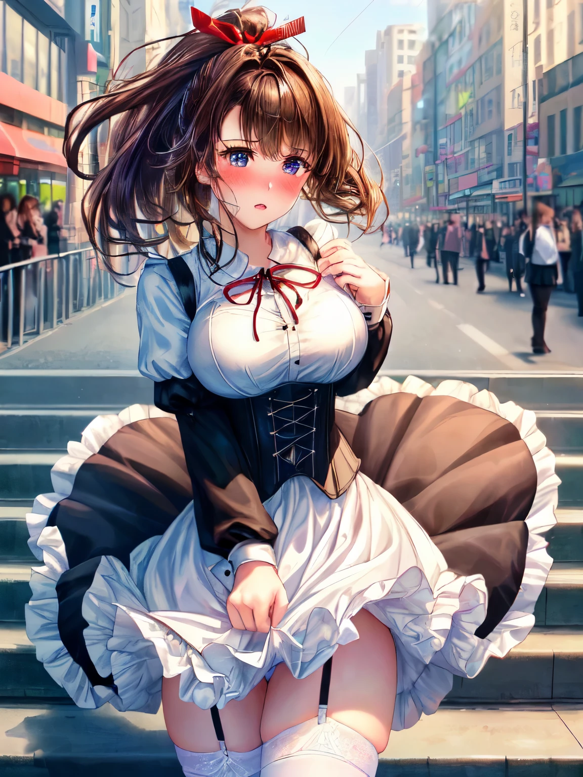 ((highest quality, High resolution, perfect pixel, 4k))), 1 woman, beautiful woman、I could see the whole body、walking down the subway stairs、lots of commuters、 ((ponytail, bangs, brown hair)), ((brown eyes, beautiful eyelashes, realistic eyes)), ((detailed face, blush:1.2))、((Anime CG style)), beautiful and big breasts、perfect body, ((red ribbon, white and black maid outfit, black corset, long skirt)), embarrassed expression、 (The wind is blowing up my skirt:1.3)、(white lace satin panties:1.2), (Hold the skirt with your hands:1.3), garter belt、knee socks、Diagonal side angle, dynamic angle、Naughty Wind、(erect nipples:1)