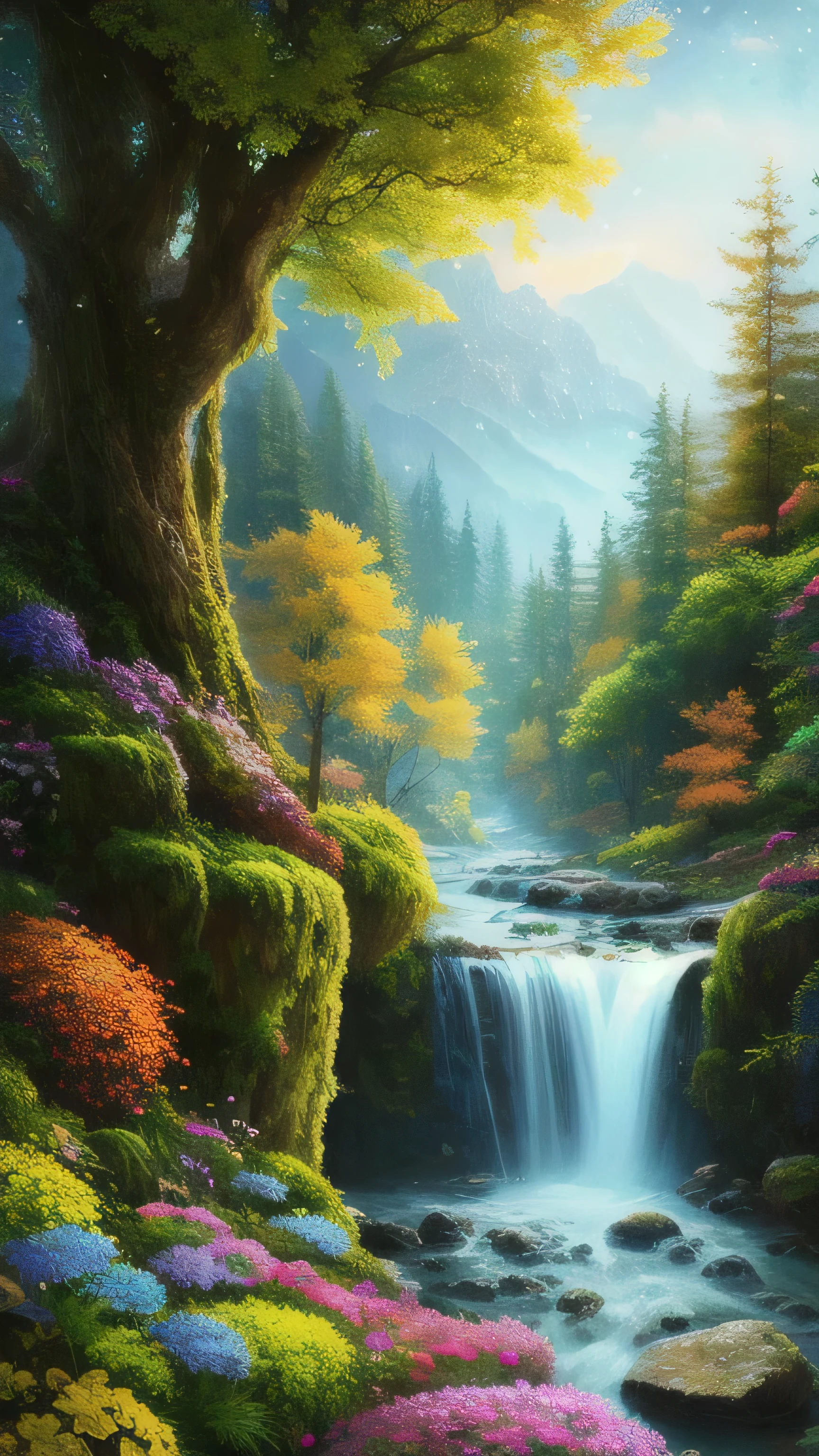 masterpiece, 最high quality, high quality,very detailed CG unity 8k wallpaper ,bright and colorful flowers々、Enchanting and fantasy scene of fantastic forest、Winding Road、 towering tree々and, Glowing Tree々, and the hidden fairy glen, Create a mysterious and enchanting feeling, art station, digital illustration, Complex, trend, pastel colour, oil, award winning photography, Bokeh, Depth of the bounds written, HDR, bloom, chromatic aberration ,realistic,very detailed, trend on art station, trend on CGsociety, Complex, high detail, dramatic, mid-journey art、