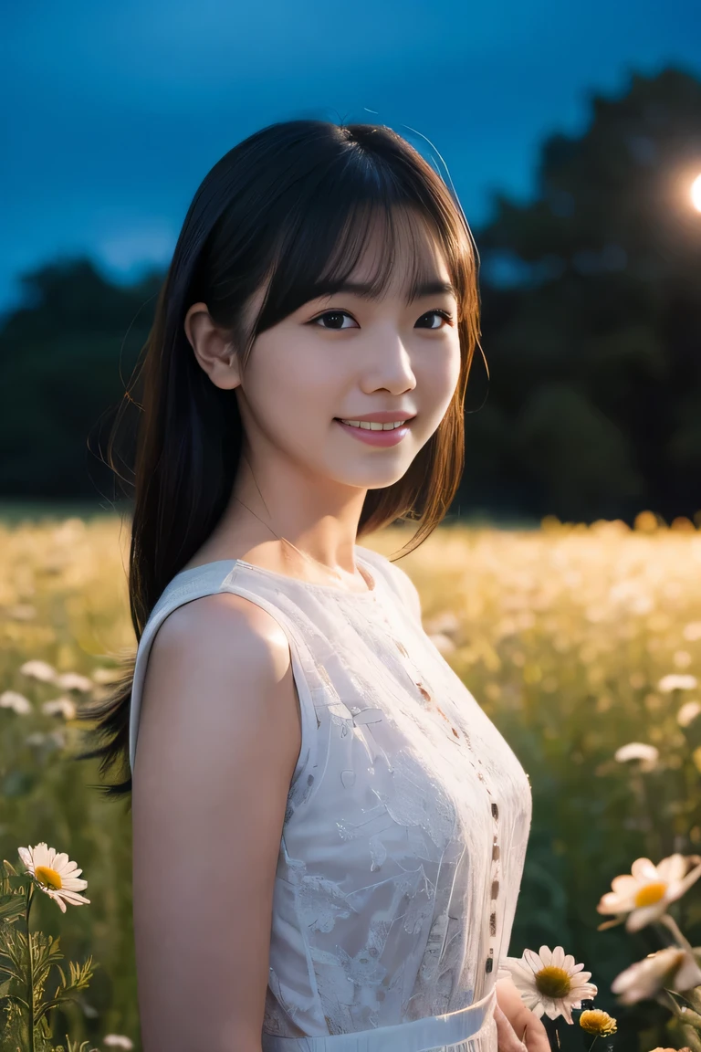 ((table top:1.4, highest quality)), (realistic pictures:1.4), ((1 girl)), (Pure actress), (dream-like), (High resolution:1.2), very delicate and beautiful, wonderful, Highly detailed CG Unity 8K wallpaper, Super detailed, High resolution, soft light, beautiful detailed girl, highly detailed eyes and face, beautifully detailed nose, beautiful and detailed eyes, (wear a light white dress:1.3), cinematic lighting, perfect anatomy, slender body, (parted bangs), (A girl standing in a meadow at night:1.3), (night view:1.3), (A field of flowers), (A huge number of flowers), (outdoor), (flower light up part of), (contrast of light and dark), (fantastic beauty), cowboy shot, looking at the viewer, smile,