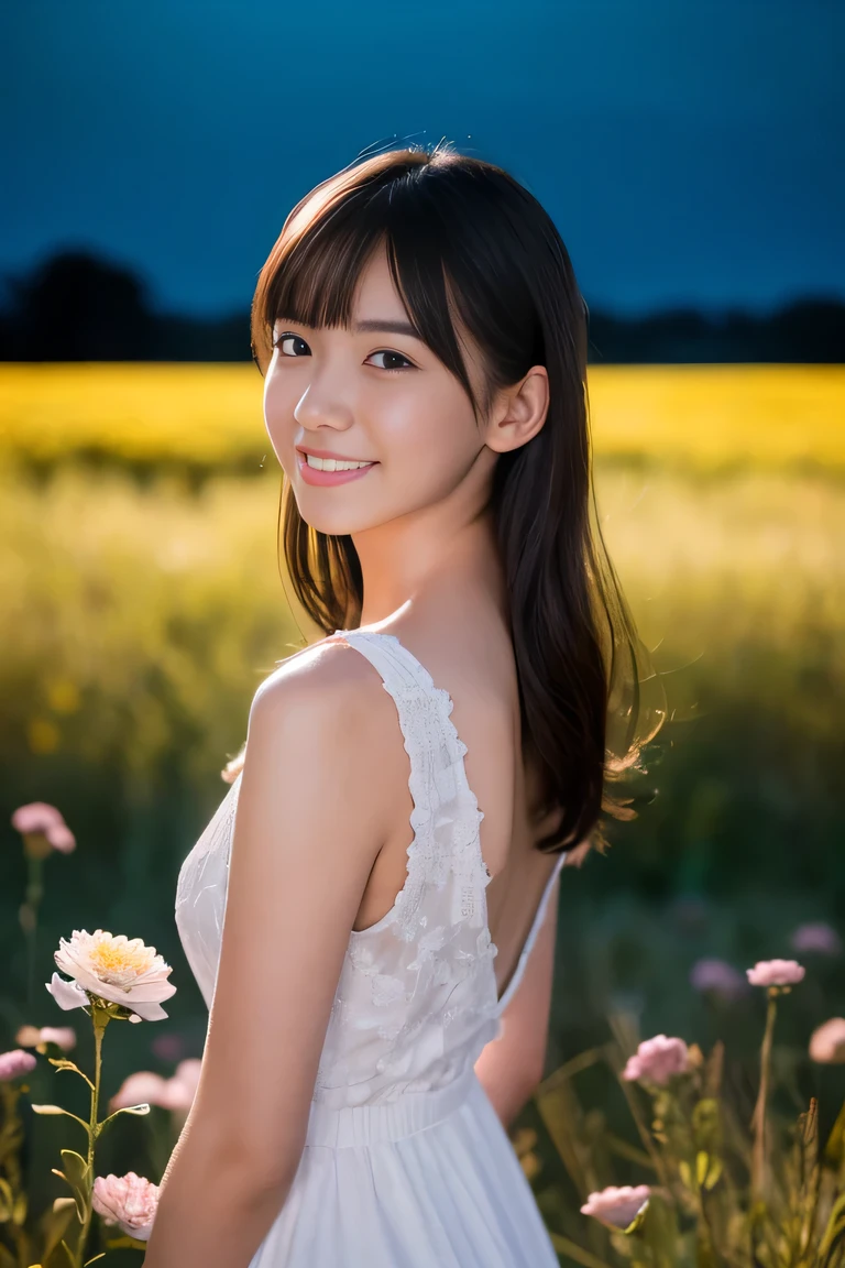((table top:1.4, highest quality)), (realistic pictures:1.4), ((1 girl)), (Pure actress), (dream-like), (High resolution:1.2), very delicate and beautiful, wonderful, Highly detailed CG Unity 8K wallpaper, Super detailed, High resolution, soft light, beautiful detailed girl, highly detailed eyes and face, beautifully detailed nose, beautiful and detailed eyes, (wear a light white dress:1.3), cinematic lighting, perfect anatomy, slender body, (parted bangs), (A girl standing in a meadow at night:1.3), (night view:1.3), (A field of pink flowers), (A huge number of flowers), (outdoor), (flower light up part of), (contrast of light and dark), (fantastic beauty), cowboy shot, looking at the viewer, smile,