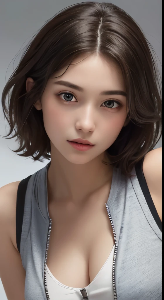 (masterpiece、highest quality、photorealistic、High resolution、photograph、:1.3)、very close up shot、sharp focus、one brunette girl、european girl、hot models、Highly detailed eyes and pupils、realな肌、slim body shape、cleavage、highly detailed hair、delicate sexy face、sensual gaze、glossy lips、((Wearing a zip tank top sweatshirt))、((real、超real、realism、realなディテール))、Gray background
