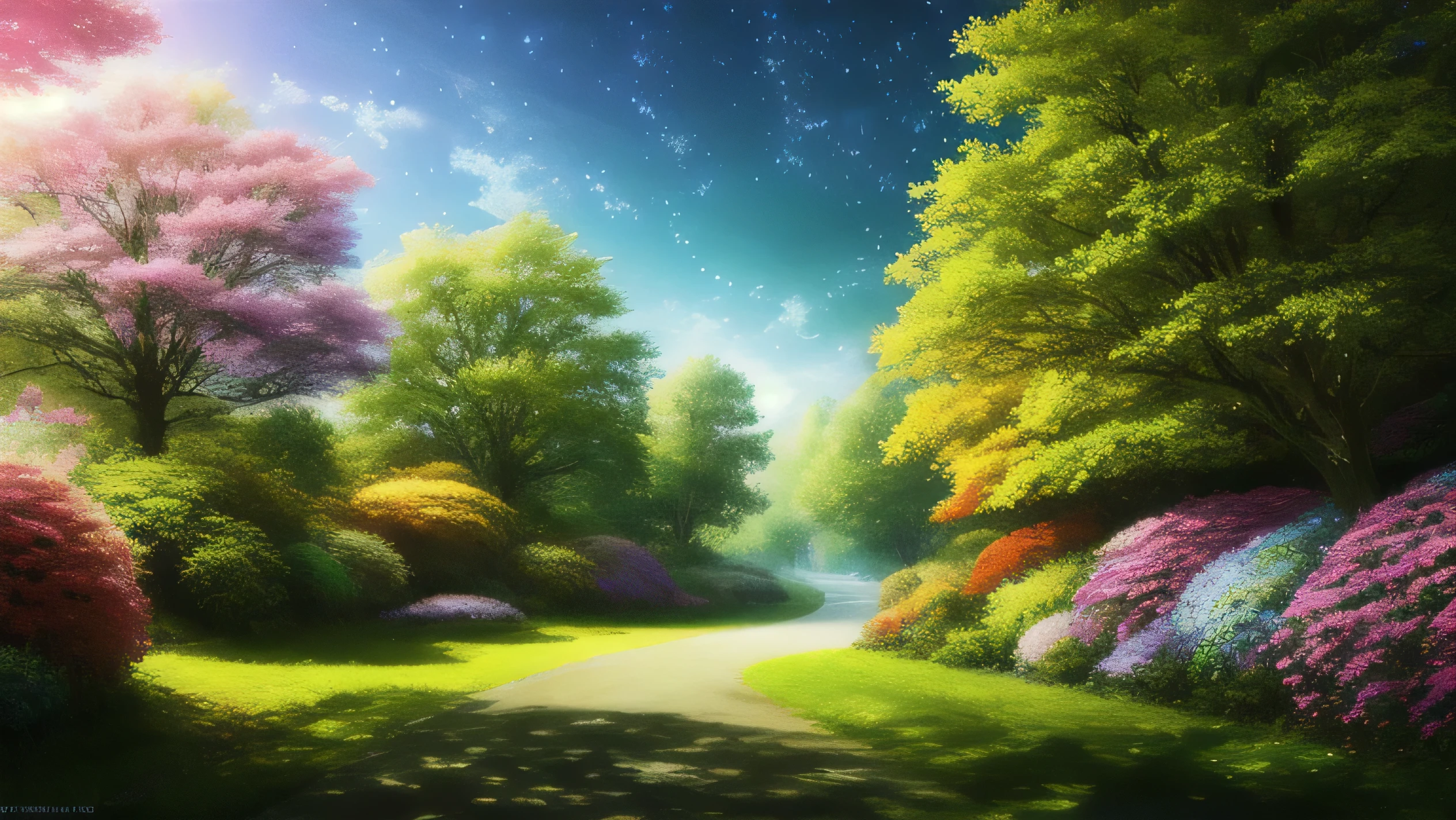 masterpiece, 最high quality, high quality,very detailed CG unity 8k wallpaper ,bright and colorful flowers々、Enchanting and fantasy scene of fantastic forest、Winding Road、 towering tree々and, Glowing Tree々, and the hidden fairy glen, Create a mysterious and enchanting feeling, art station, digital illustration, Complex, trend, pastel colour, oil, award winning photography, Bokeh, Depth of the bounds written, HDR, bloom, chromatic aberration ,realistic,very detailed, trend on art station, trend on CGsociety, Complex, high detail, dramatic, mid-journey art、