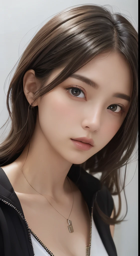 (masterpiece、highest quality、photorealistic、High resolution、photograph、:1.3)、very close up shot、sharp focus、one brunette girl、european girl、hot models、Highly detailed eyes and pupils、realな肌、slim body shape、cleavage、highly detailed hair、delicate sexy face、sensual gaze、glossy lips、((Wearing a zip tank top sweatshirt))、((real、超real、realism、realなディテール))、Gray background
