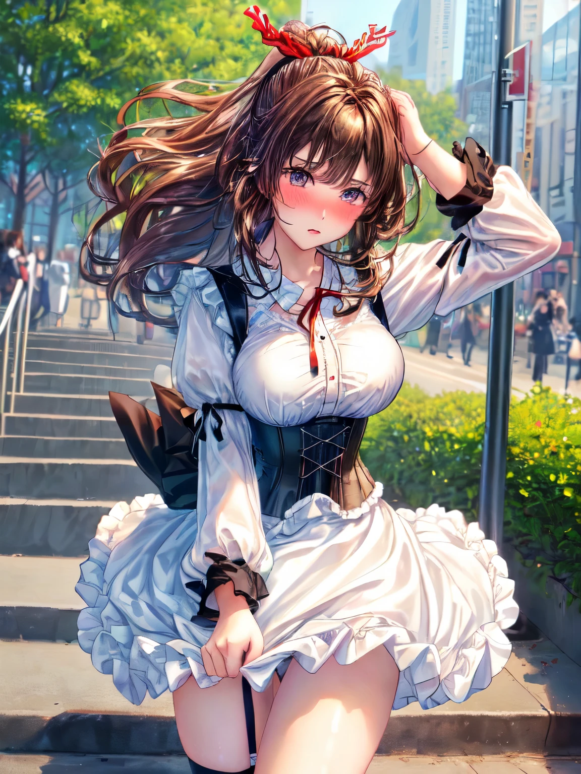((highest quality, High resolution, perfect pixel, 4k))), 1 woman, beautiful woman、I could see the whole body、walking down the subway stairs、lots of commuters、 ((ponytail, bangs, brown hair)), ((brown eyes, beautiful eyelashes, realistic eyes)), ((detailed face, blush:1.2))、((Anime CG style)), beautiful and big breasts、perfect body, ((red ribbon, white and black maid outfit, black corset, long skirt)), embarrassed expression、 (The wind is blowing up my skirt:1.3)、(white lace satin panties:1.2), (Hold the skirt with your hands:1.3), garter belt、knee socks、Diagonal side angle, dynamic angle、Naughty Wind、(erect nipples:1)
