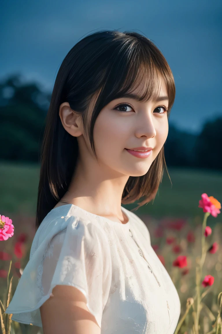 ((table top:1.4, highest quality)), (realistic pictures:1.4), ((1 girl)), (Pure actress), (dream-like), (High resolution:1.2), very delicate and beautiful, wonderful, Highly detailed CG Unity 8K wallpaper, Super detailed, High resolution, soft light, beautiful detailed girl, highly detailed eyes and face, beautifully detailed nose, beautiful and detailed eyes, (wear a light white dress:1.3), cinematic lighting, perfect anatomy, slender body, (parted bangs), (A girl standing in a meadow at night:1.3), (night view:1.3), (A field of red_pink flowers), (A huge number of flowers), (outdoor), (flower light up part of), (contrast of light and dark), (fantastic beauty), cowboy shot, looking at the viewer, smile,