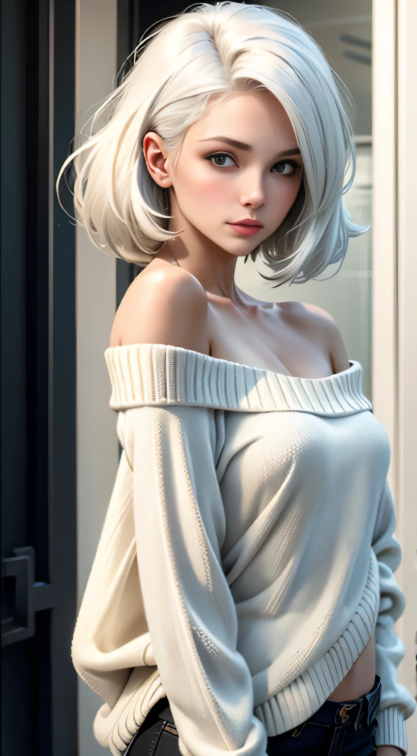 Medium Shot Shot, A beautiful woman looks at the camera, White hair, Chris Foss autumn off-the-shoulder sweater