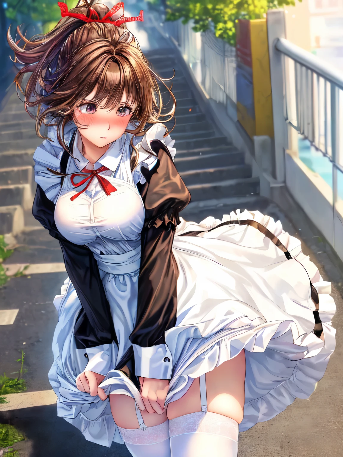 ((highest quality, High resolution, perfect pixel, 4k))), 1 woman, beautiful woman、I could see the whole body、walking down the subway stairs、lots of commuters、 ((ponytail, bangs, brown hair)), ((brown eyes, beautiful eyelashes, realistic eyes)), ((detailed face, blush:1.2))、((Anime CG style)), beautiful and big breasts、perfect body, ((red ribbon, white and black maid outfit, White and black apron maid style long skirt)), embarrassed expression、 (The wind is blowing up my skirt:1.3)、(white lace satin panties:1.2), (Hold the skirt with your hands:1.3), garter belt、knee socks、Diagonal side angle, dynamic angle、Naughty Wind、(erect nipples:1)