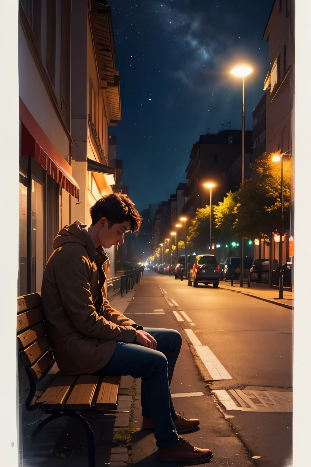 draw an alone man in a park sitting on a bench at a distance at night in dark with a tall street light above his head and he is alone in park and make the scenery gloomy and dull