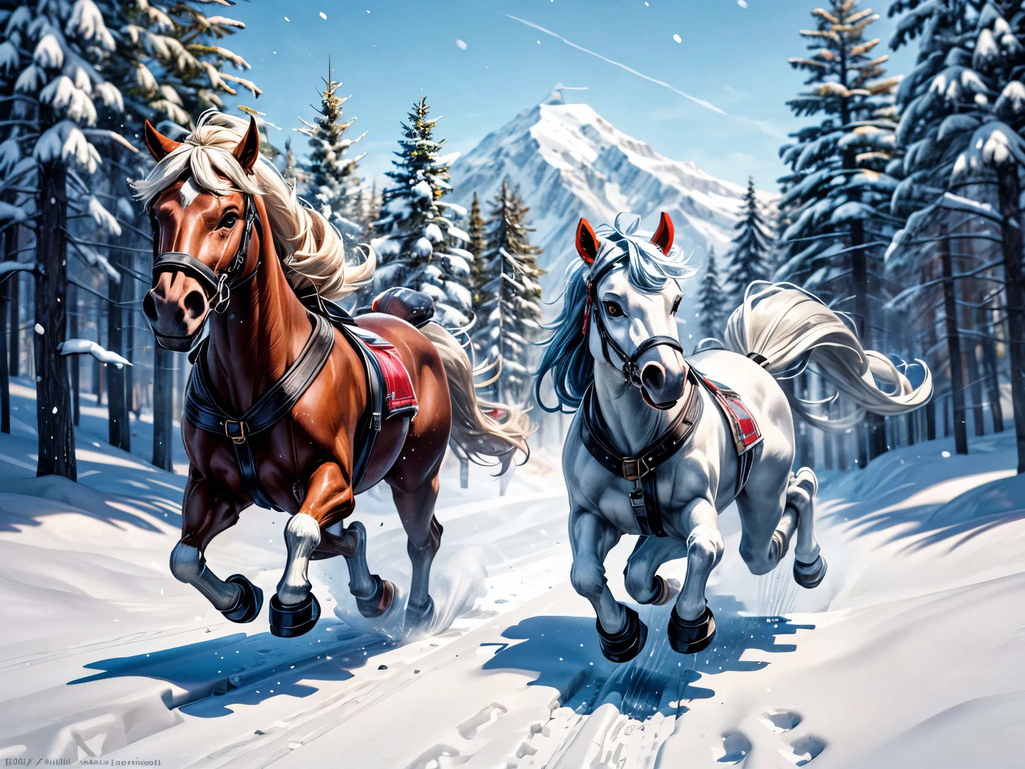 Dala horse, Dalana, Swedish, Running cheerfully in the snow , contemporary art, Photorealistic , Very high resolution artwork , 8K , Snow Mountain, pine forest, bright blue sky