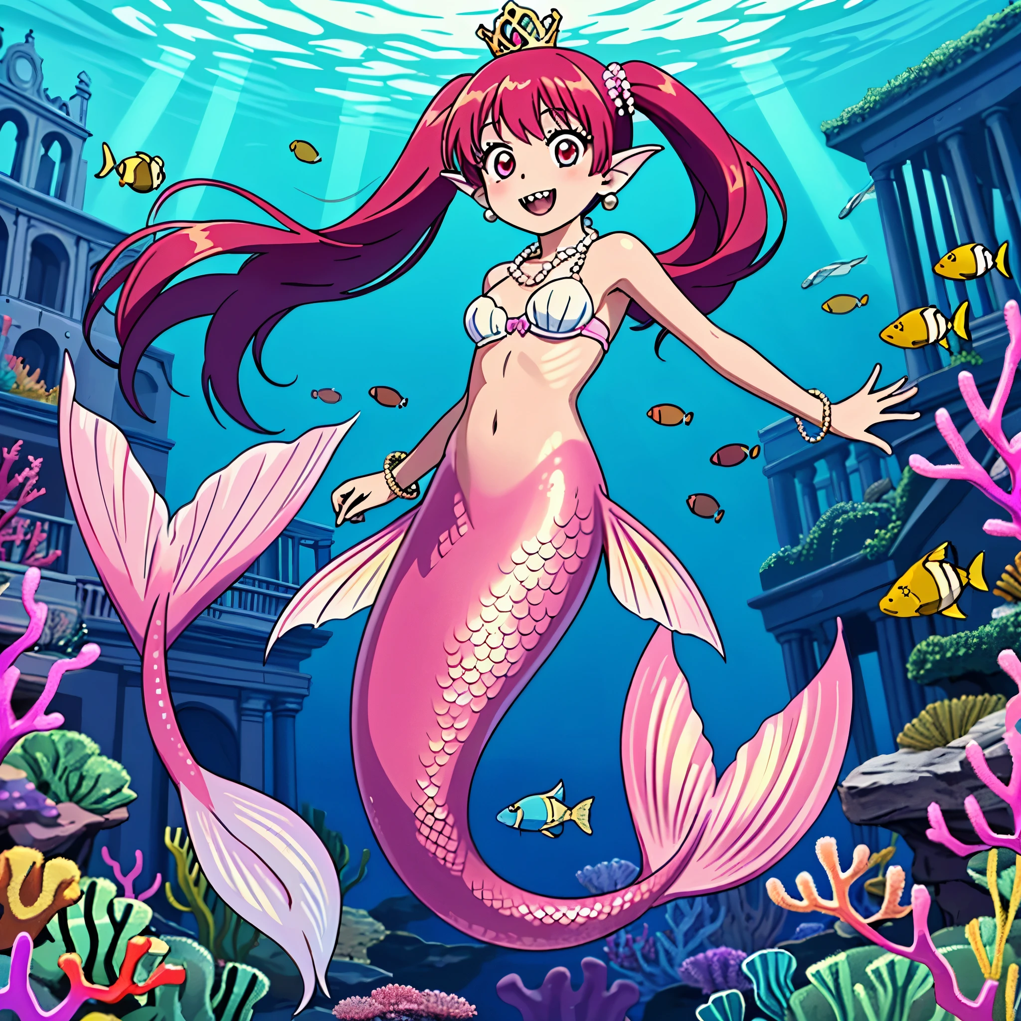 (best quality,4k,8k,highres,masterpiece:1.2),ultra-detailed, Pretty princess magically transformed into a beautiful mermaid, race swap, fantastic transformation, none human, steampunk, fish like, wet body, surrounded by small bubbles, long mermaid tail below waistline, fins ears, shimmering red fish scales, drawn in anime style, very long pigtails red hair, sharp teeth, is smiling, pink eyes, small breast, long pelvic and dorsal fins, pair of fish gills on the torso, seashells bra, starfish hair clips, pearl earrings and bracelets, pearl necklace, hair ribbons, gold tiara, ocean depths, swimming underwater, joyful expression, playful mermaid poses, sparkling water, water reflections, ethereal atmosphere, subtle glow, whimsical and enchanting, checking her new body, underwater world, colorful coral reef, magical underwater lighting, vivid colors, breathing underwater, endless ocean depths, sunlight filtering through the water, Highly detailed, masterpiece, high quality, 4K.