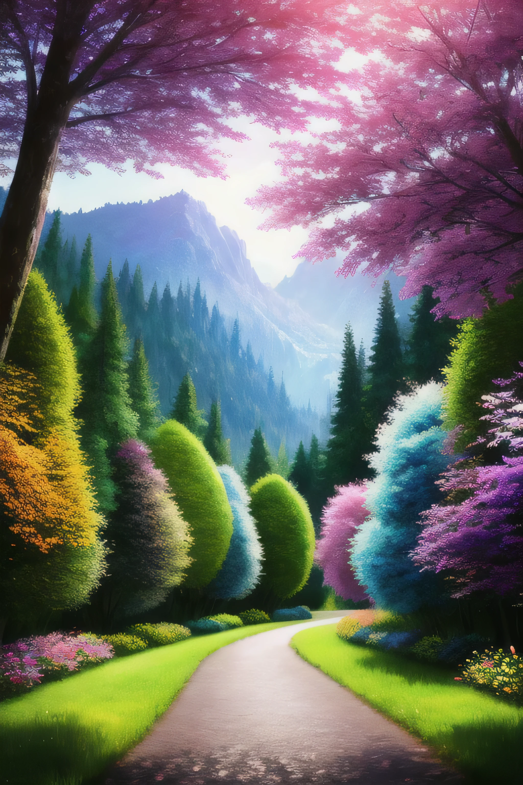 masterpiece, 最high quality, high quality,very detailed CG unity 8k wallpaper ,bright and colorful flowers々、fantastic forest、enchanting and fantasy landscape、Winding Road、 towering tree々and, shining flowers々、Create a mysterious and enchanting feeling, art station, digital illustration, Complex, trend, pastel colour,award winning photography, Depth of the bounds written, HDR, bloom, chromatic aberration ,realistic,very detailed, trend on art station, trend on CGsociety, Complex, high detail, dramatic, mid-journey art、