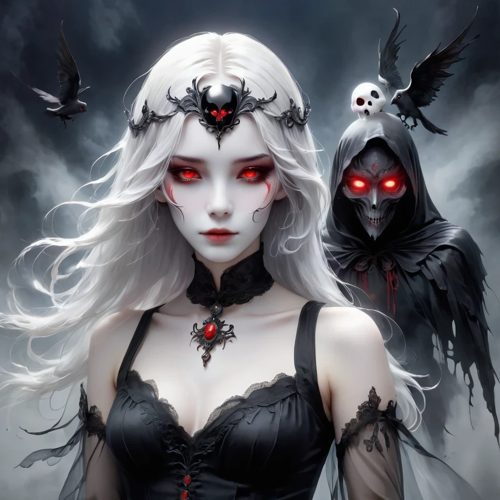 （Hand holding mask：1.5），（White-haired ghost，straight hair，Red eyes），（gothic art），（Fear：1.5），（correct human anatomy：1.37）