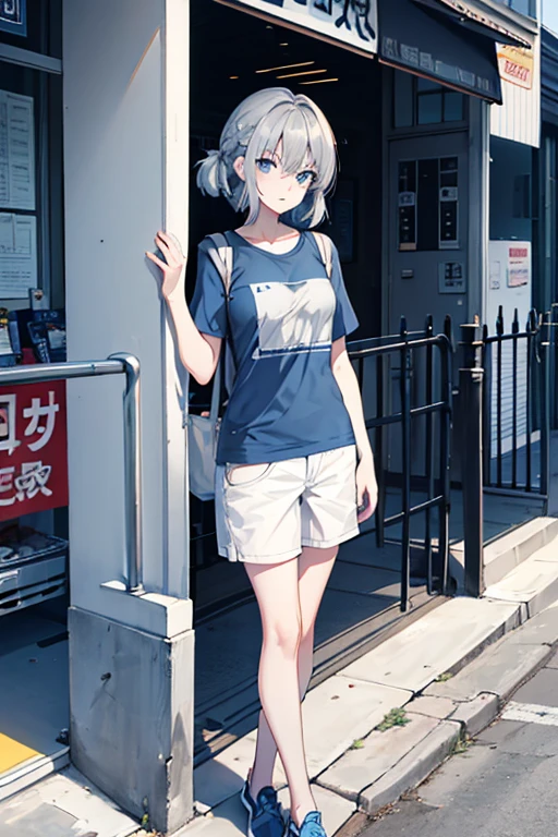 medium hair, grey hair, blue eyes, t-shirt, standing,  Fair skin,    --niji 5  --ar 1:1 --s 100