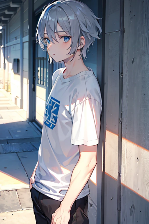 medium hair, grey hair, blue eyes, t-shirt, standing,  Fair skin,    --niji 5  --ar 1:1 --s 100