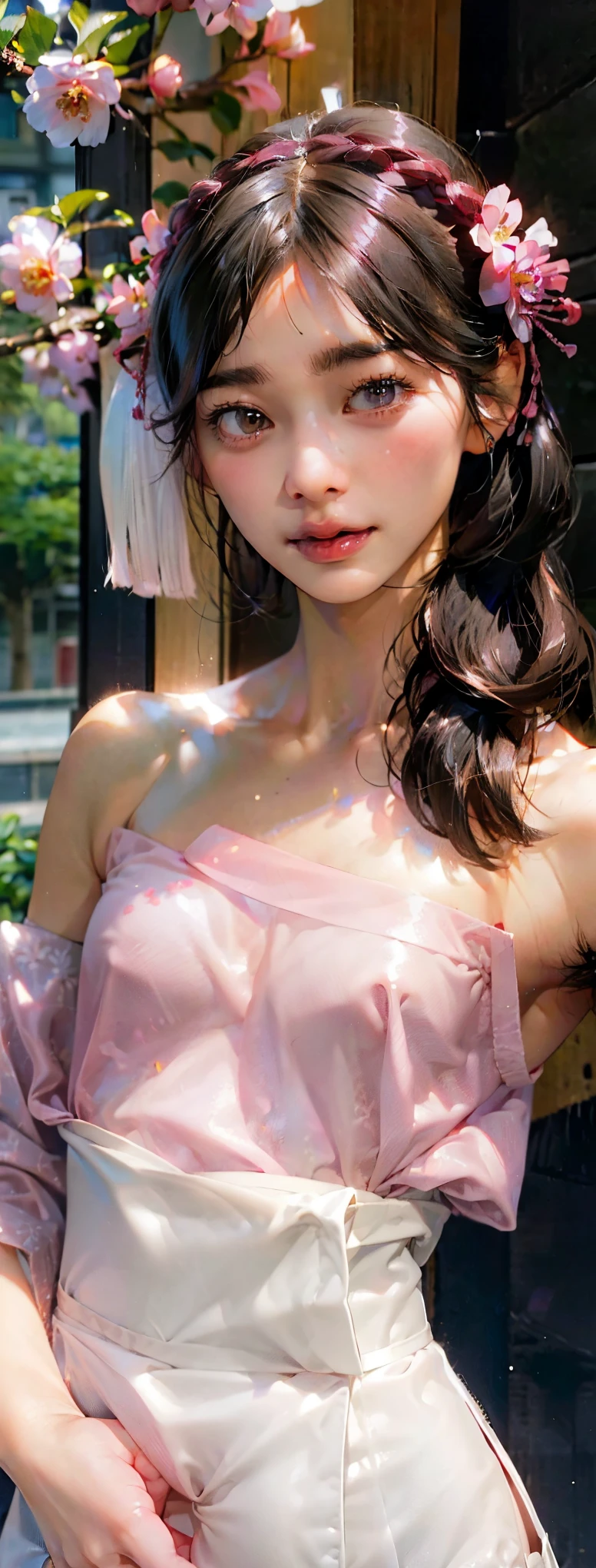 ((Best Quality)),NSFW,((photo realistic)),((Absurd resolution,Ultra High Resolution,Highly detailed)),(Highly detailed face:1.2),(full of cherry blossoms),natural lighting,((1 Japanese girl)),(metallic eyeshadow:1.2),(makeup:1.2),(27years old),(beautiful detailed eyes),(brown eyes:1.2),BREAK,(armpit_hair:1.3),(topless:1.4),(pink fundoshi:1.3),(fun-roku),feminine,((beautiful)),(cry),(embarrassed:1.3),(looking at viewers),(open mouth:1.3)(futa_overflow),(crotch bulge),(penis peek),detailed skin,(Pubic_hair:1.3),BREAK,(bushy eyebrows),straight eyebrows,Low eyebrows,(thick lips:1.3),(Glossy lips),(pink lipstick),((blush)),(curvy hips),wide forehead,braid,Perfect Anatomy,(small breasts:1.5),(Black medium hair),BREAK,erect nipples,head accessory,flower accessory