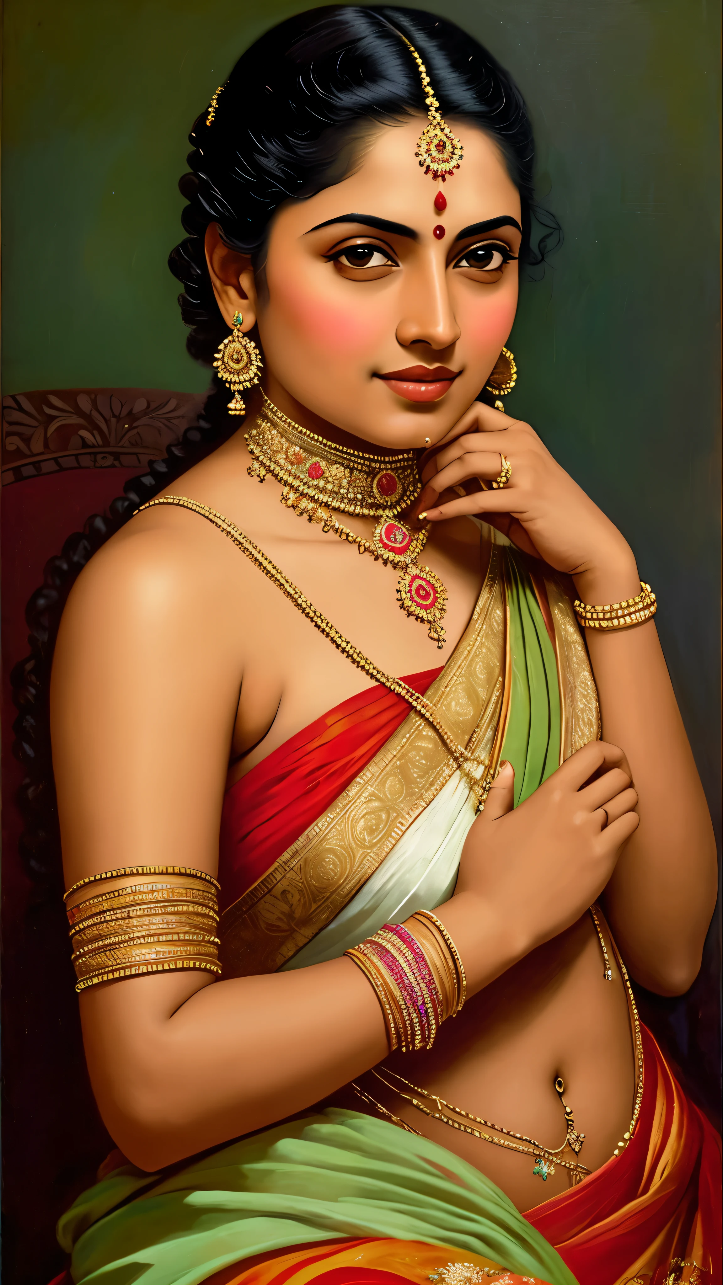 Reclining Nair Lady by artist Raja Ravi Varma, Realistic, 8K, ultra-detailed, intricate,Unreal Engine, midjourney art style impressionism, abstract, (oil painting , dry brushstrokes), negative space, vibrant colours, extremely beautiful lady, gorgeous, perfect thick healthy figure, 