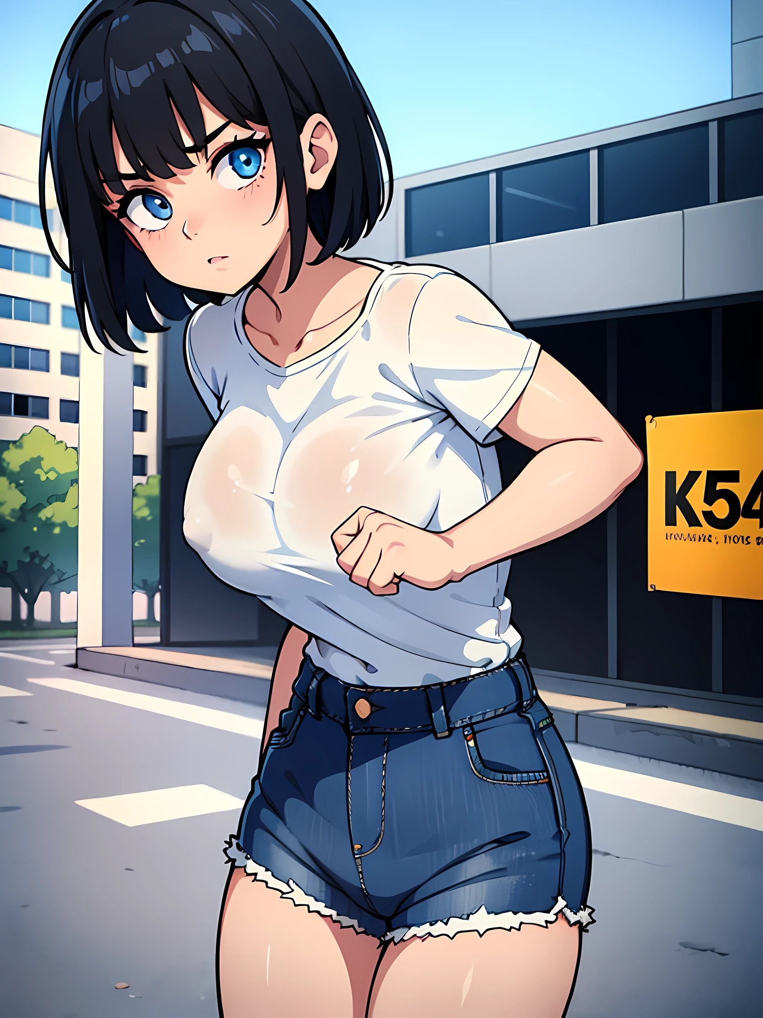 1girl, short black hair, blue eyes, wearing plain white shirt, denim shorts, city, absurdres, high res, ultrasharp, 8K, masterpiece, looking at viewer