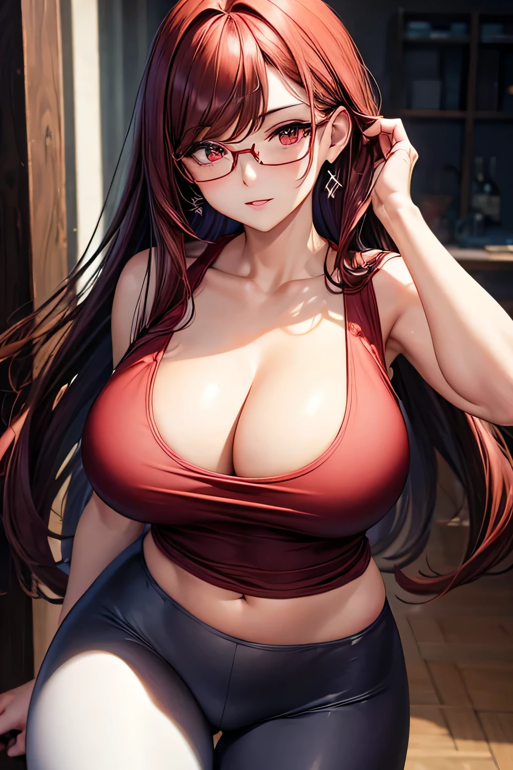 masterpiece,best quality,ultra-detailed,high resolution,beautiful detailed eyes,(((pov))),1girl,(((medium hair))),(((((swept bangs))))),((flipped hair)),earrings,(glasses),tsurime,((red eye)),(((gigantic breasts))),(((cleavage))),(gigantic hips), BREAK (rose red hair) BREAK (((dark red tank top))) BREAK ((navy Leggings))