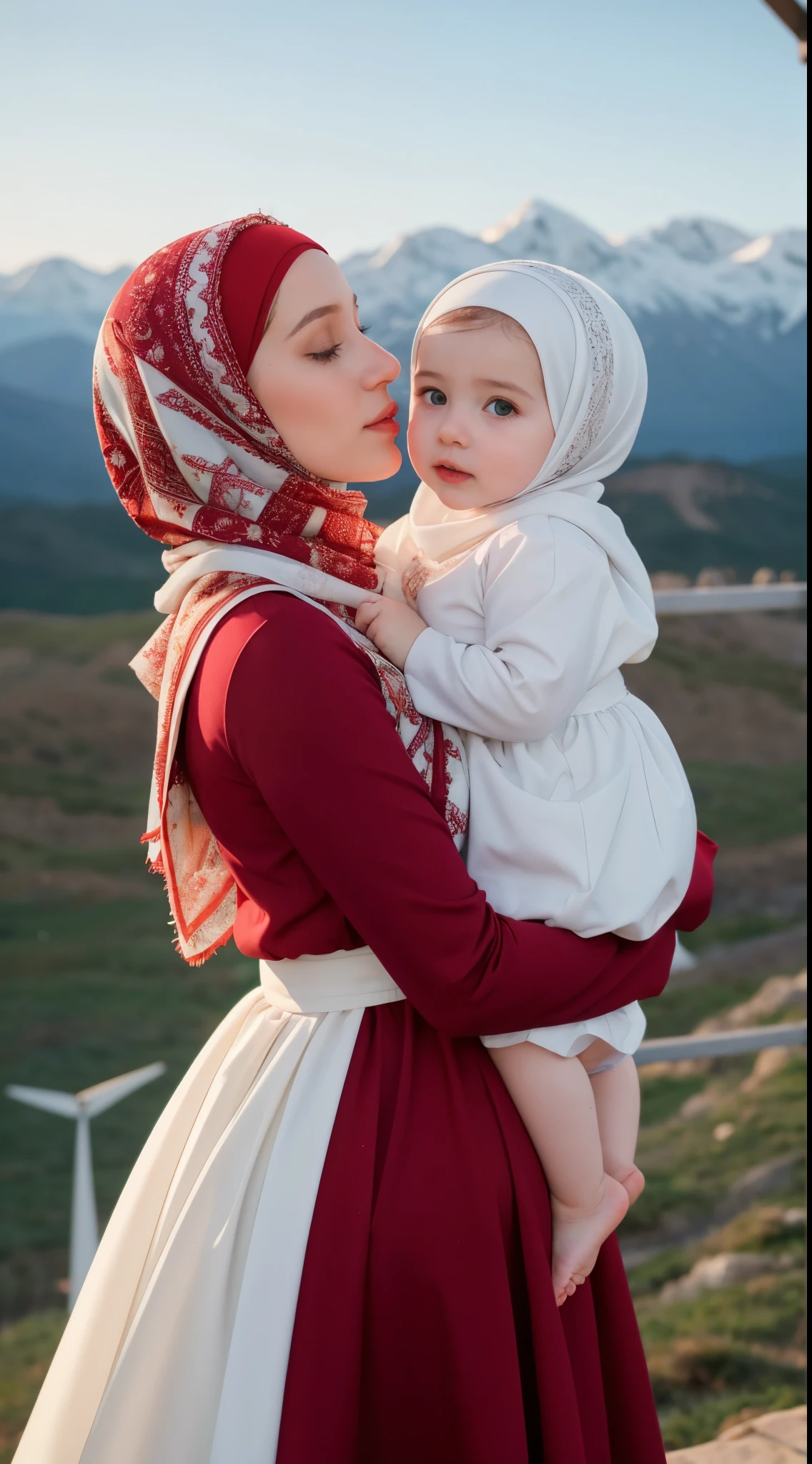 1 woman, Beautiful, with Russian Baby, green eyes, Face, 20 Years Old, White Skin, Hijab Muslim Outfit, islamic long red long sleeve dress, red dress, Top of The Mountain Background, ((wind:1.3)), Kissing, ((bokeh:1.3)), Carrying Girl, Perfect Body Anatomy, ((adorable:1.1)), ((masterpiece:1.1)), ((bluesky:1.1))