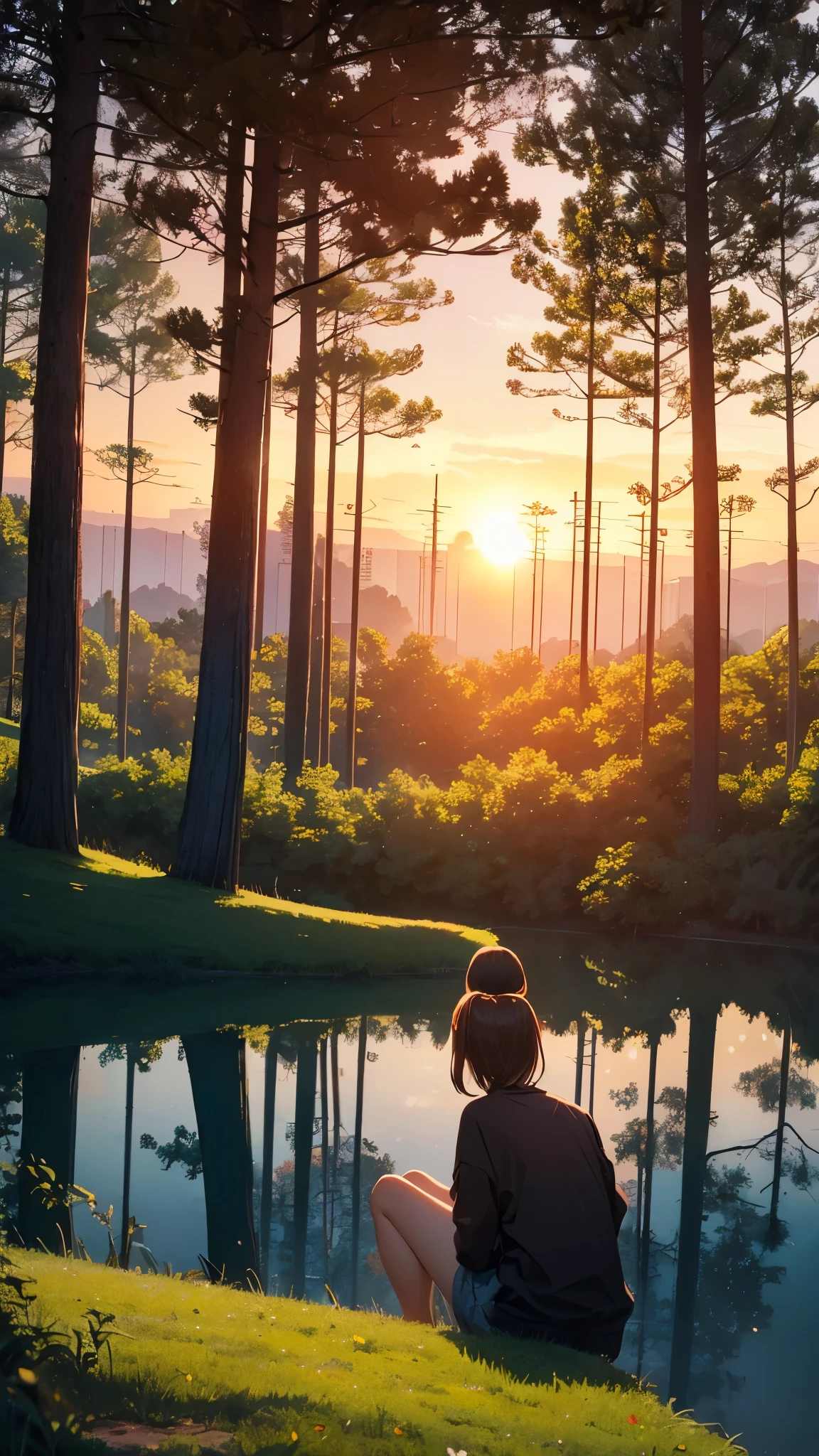 top-quality))、((masterpiece)、Big trees々Parks with、The sunset is beautiful