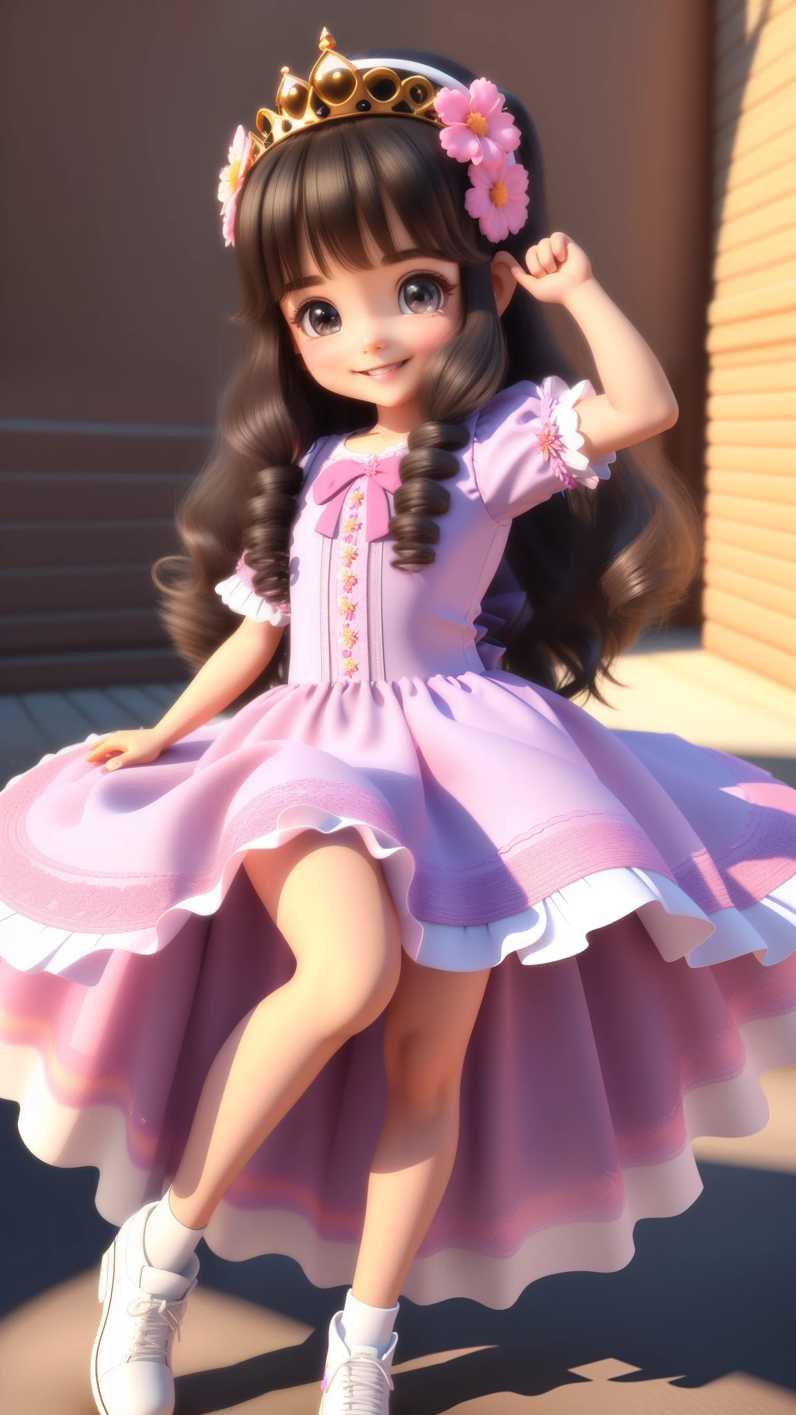 4k, (3d:1.5) cartoon art, masterpiece, cute girl, cute girl, happy face, smile, detailed eyes, long hair, princess dress, cartoon image, flower background,