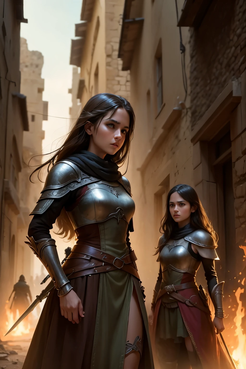 warrior girls in an ancient city, an abandoned city flown over by nazgùl riding flat-nosed flying dragons. In the city they fight Uman against Trool. dark colors, war atmosphere. illustration inspired by the Lord of the Rings saga by J. R. R. Tolkien