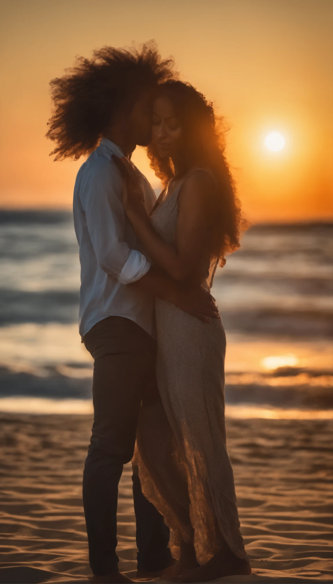 young couple walking along the beach towards the sunset.
