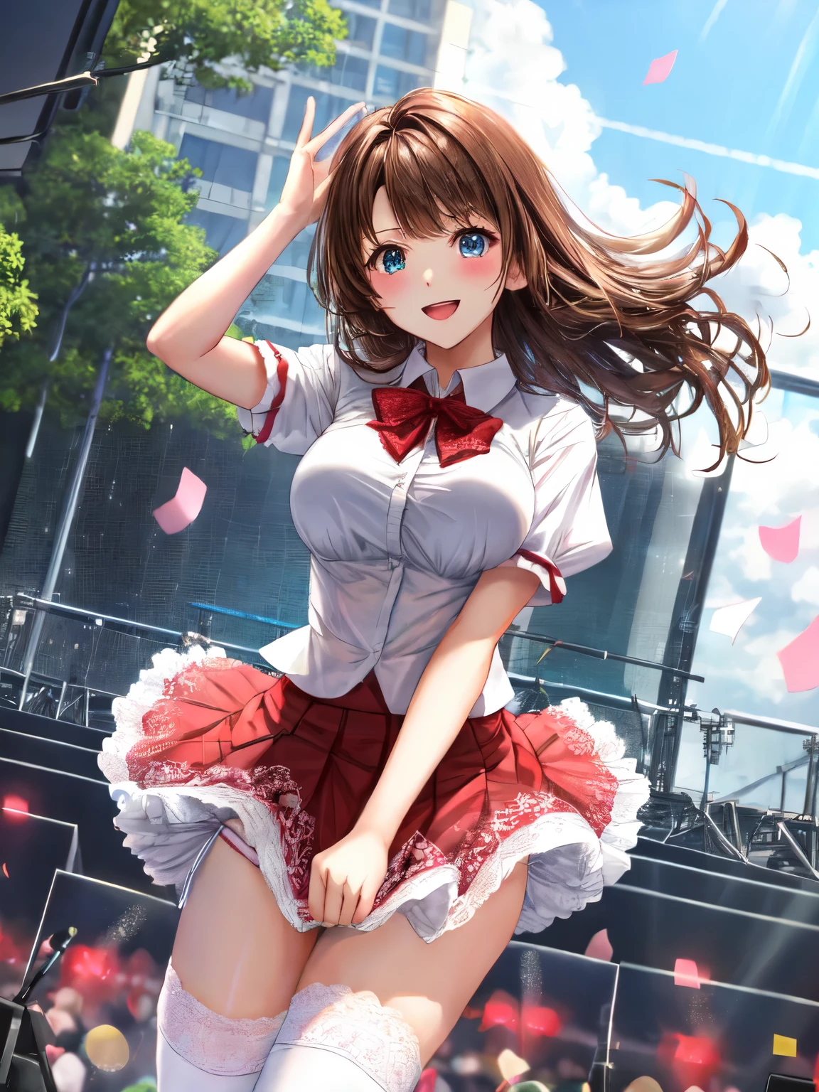 highest quality、All limbs、full finger、Slender beauty、brown hair、Dereste、red, 白とredのアイドル衣装、knee socks、beautiful big breasts、live stage、sing、holding a microphone, dancing、big smile、(white horizontal lace panties:1.1), (skirt lift:0.97), (shirt lift:0.96), show off panties、(show off bra:0.94), embarrassed expression、 (The wind is blowing up my skirt:1.3), dynamic angle、Naughty Wind、(erect nipples:1)