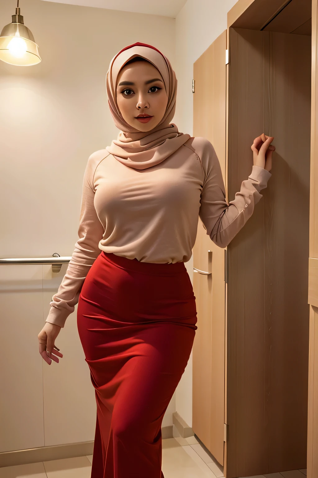 there is a woman in a hijab standing in a bathroom, wearing tight simple clothes, tight outfit, with a red skirt, smooth red skin, tight attire, lovely woman, very sexy outfit, wearing tight shirt, malaysian, mid shot portrait, her wardrobe is attractive, tanned ameera al taweel, wearing a red outfit, full length shot, red