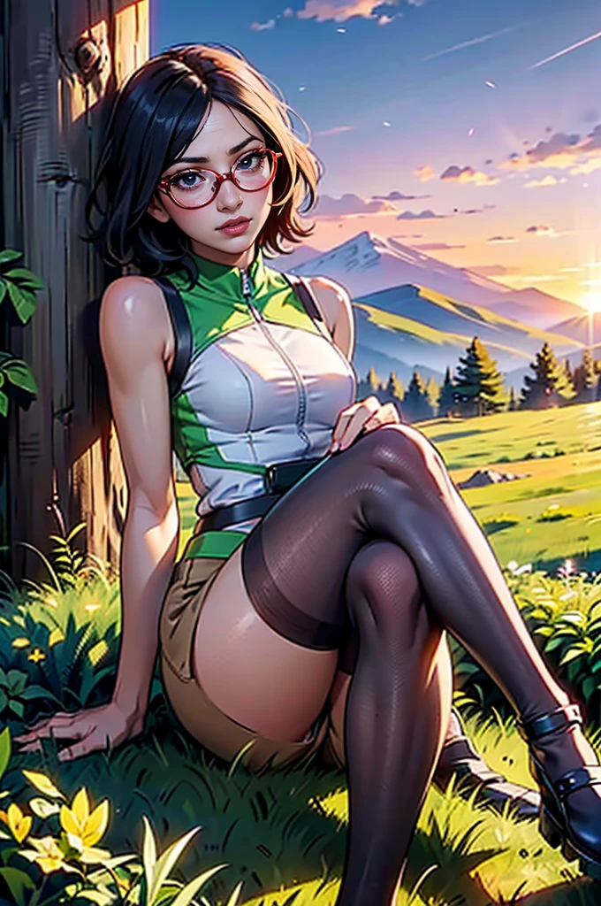 (1girl, solo, alone), (WakatsukiRisa, Sarada Uchiha, black hair, short hair, black eyes, red glasses), ((solo, (1woman, (small bust), pink lipstick, black eyes), Extremely detailed, ambient soft lighting, 4k, perfect eyes, a perfect face, perfect lighting, a 1girl)), ((fitness,, shapely body, athletic body, toned body)), ((woman under a tree, leaning against a tree, sitting on the ground, leaning against a log, half thighs, pantyhose, brown shorts, green and white blouse, sleeveless blouse, crossed legs, looking at the viewer, seductive look, morning, cute, sunset, mountains in the background, lawn, trees in the background, clouds))