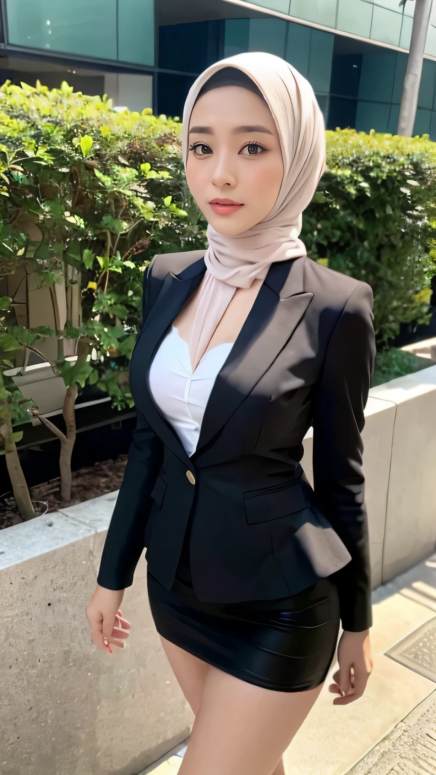 RAW, Best quality, high resolution, masterpiece: 1.3), 1 beautiful russian girl in full hijab, 20 years old,Masterpiece, perfect fit body, big breast, Soft smile,thick thighs,muslim close up of a woman, wearing elegant casual clothes, modern hijab, girl in sexy office suit, wearing a sexy peplum blazer, (cleavage cutout), micro skirt, sexy office clothes, afternoon walk, City garden, Excellent lighting, Bright colors, Clean lines