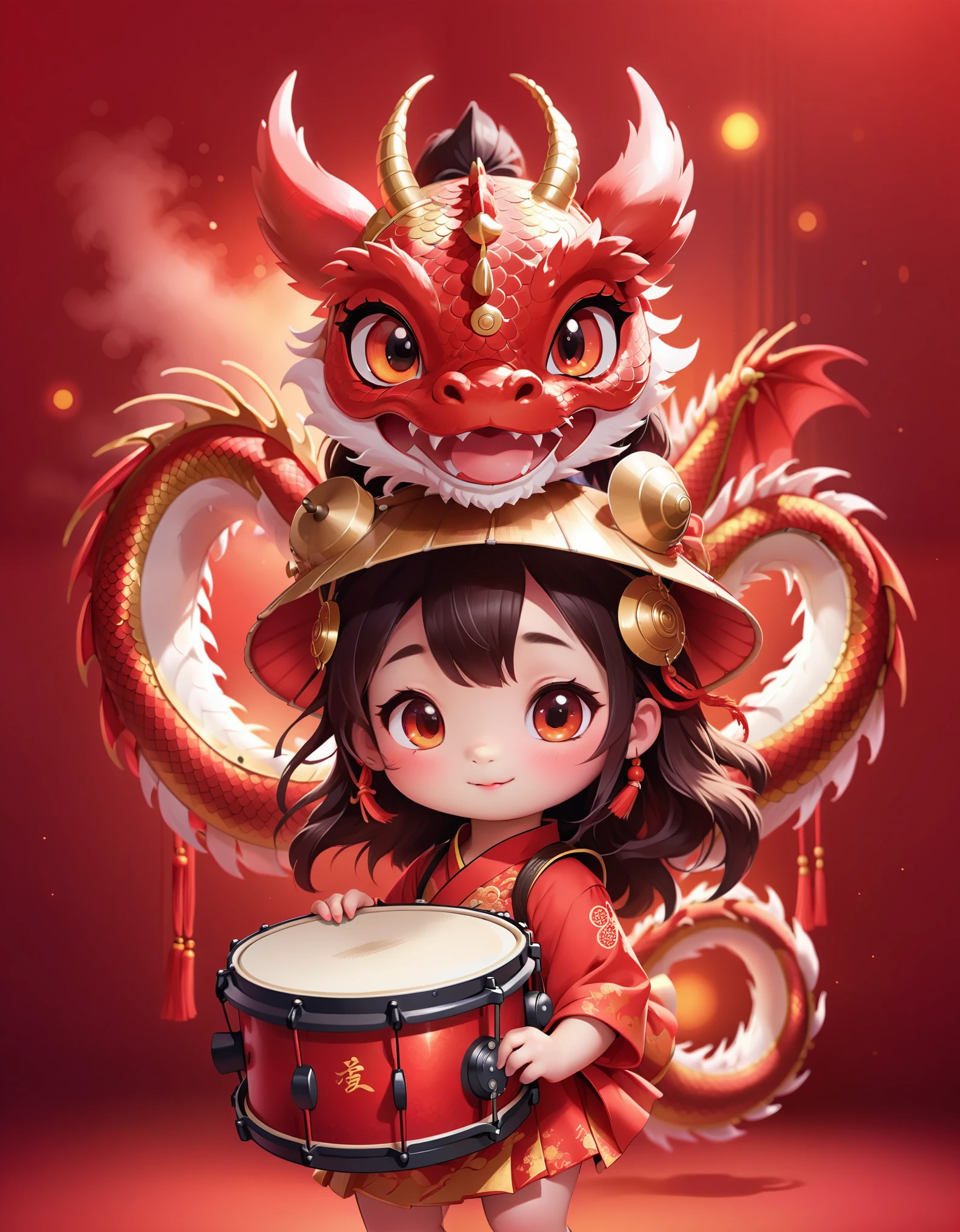 at night，A super cute girl wearing a Chinese dragon hat，Carrying one on the back[Snare（drum set）]， Bright Eyes。solid color background，red gradient background。