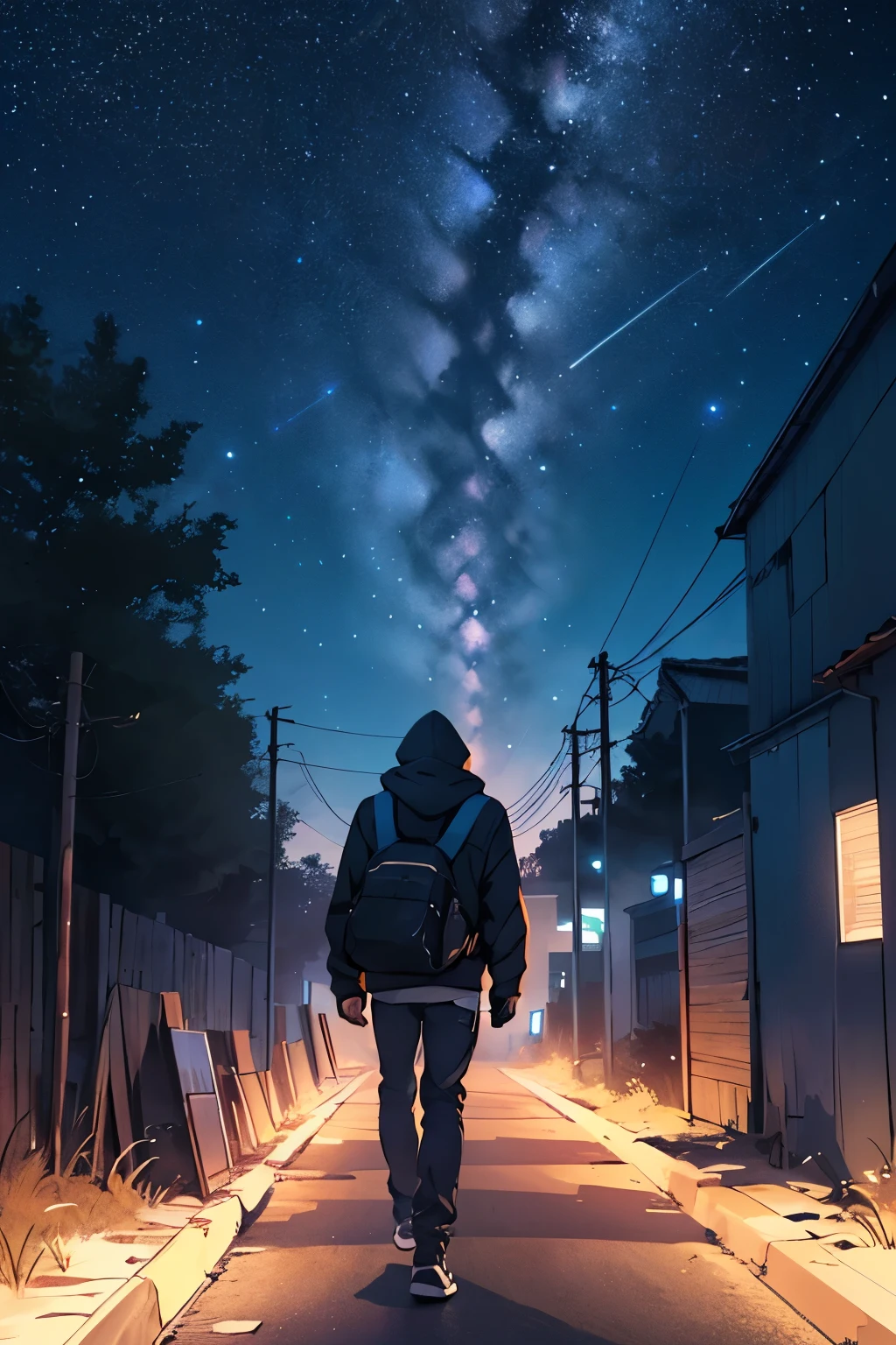 a person going away on a straight road,centralized in frame, at night, in very dark environment ,with his face facing away from angle and his face cannot be seen and he is wearing a hoodie with his head covering with it and above is a beautiful sky with stars