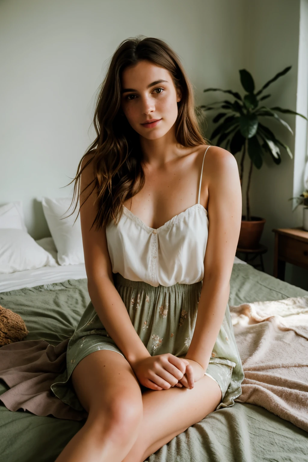 (best quality,highres:1.2),photorealistic,portrait,goblincore,bedroom,20-year-old woman,brown hair,freckles,naked,faint sunlight,texture on walls,bohemian decor,floral sheets,dreamy atmosphere,pale skin,soft focus,peaceful expression,relaxed pose,slight smile,vintage film look,ethereal,earth tones,candlelight,golden hour,hint of magic,vibrant greens,fantasy elements,whimsical,lovely greenery,cozy blankets