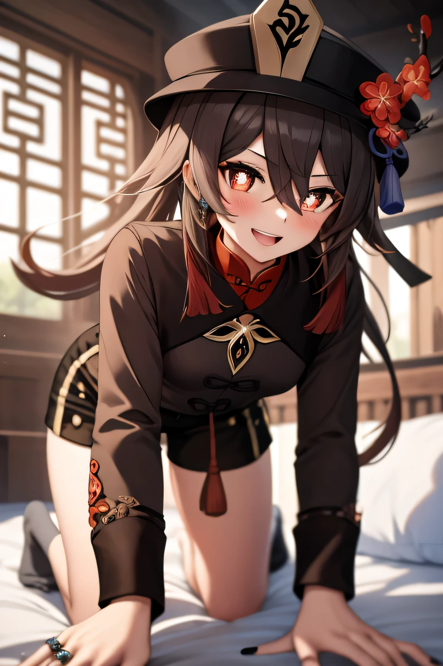 masterpiece, best quality, HuTaoV4, 1girl, solo, looking at viewer, symbol-shaped pupils, flower shaped pupils, blush, smile, open mouth, long sleeves, hat, jewelry, flower, thighs, shorts, socks, nail polish, black headwear, chinese clothes, black shorts, ring, all fours, black nails, hat flower, bed,