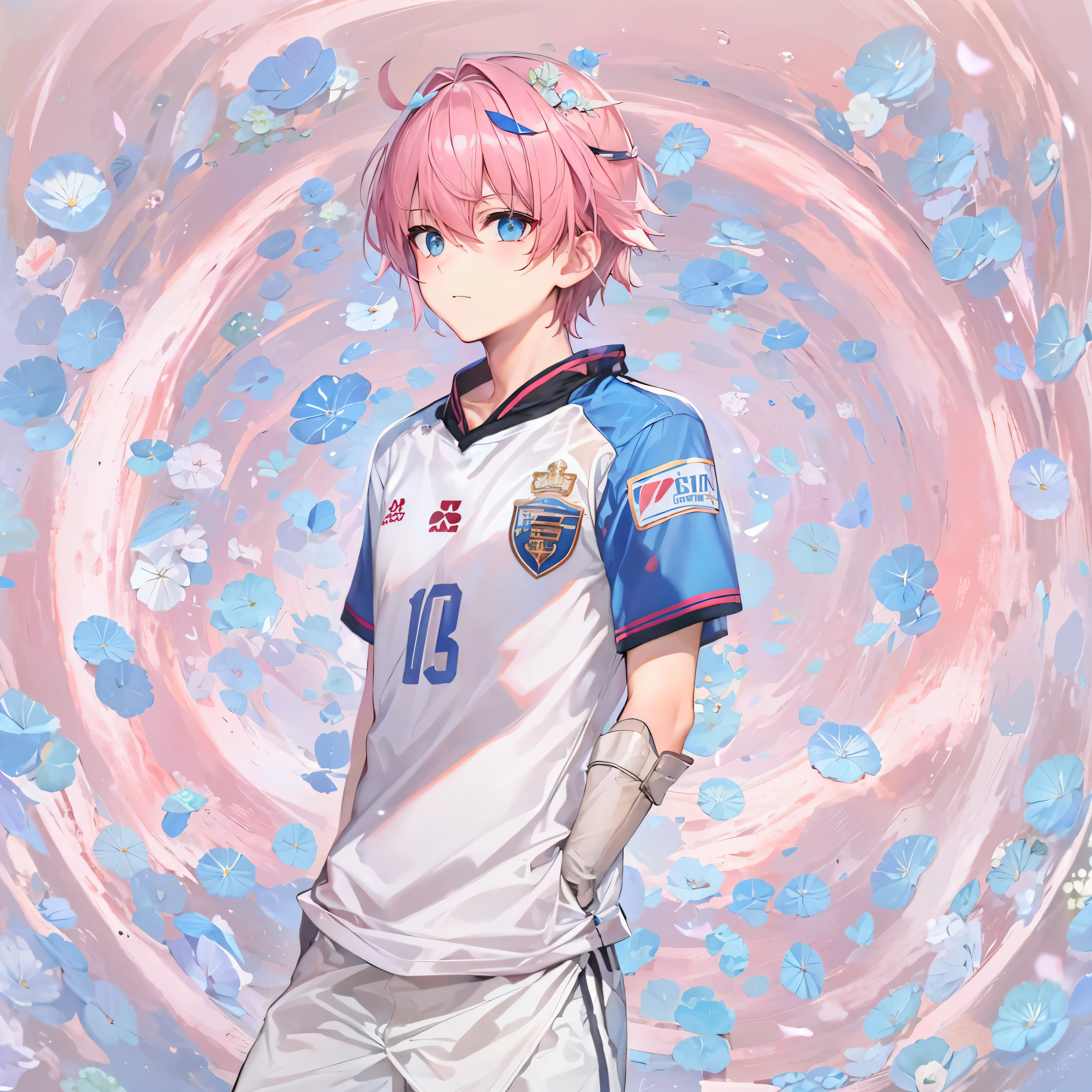 (1boy, masculino),(atacante),uniforme de futebol, aquamarine eyes, Campo de futebol, astolfo fate short hair